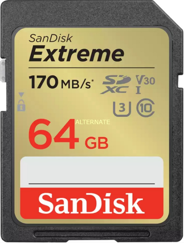 SanDisk Extreme SD-Karte. Text: 64 GB, 170 MB/s, SanDisk. Gold und Schwarz.