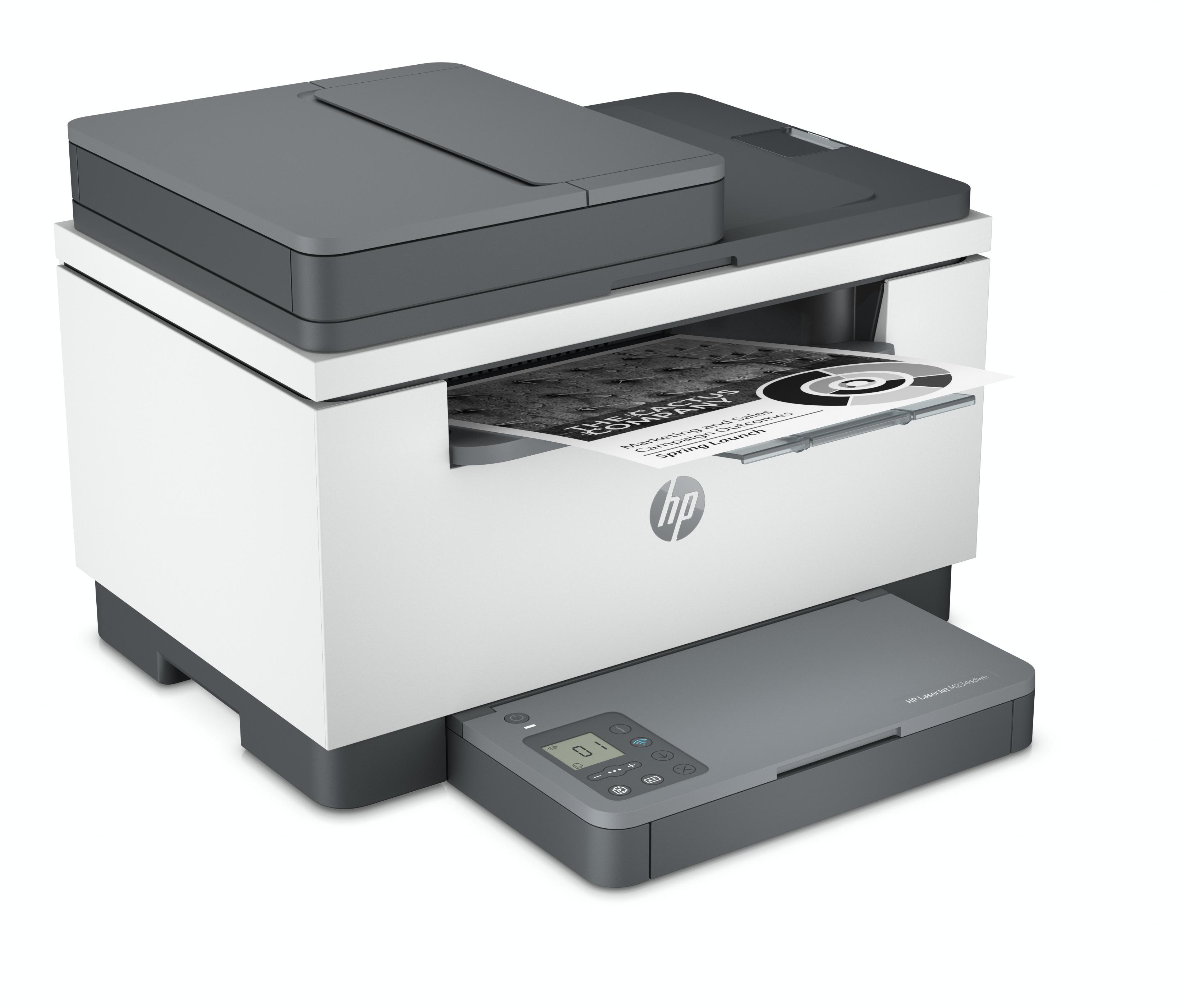 Ein weißer und grauer Drucker mit einem Papierausgabefach.