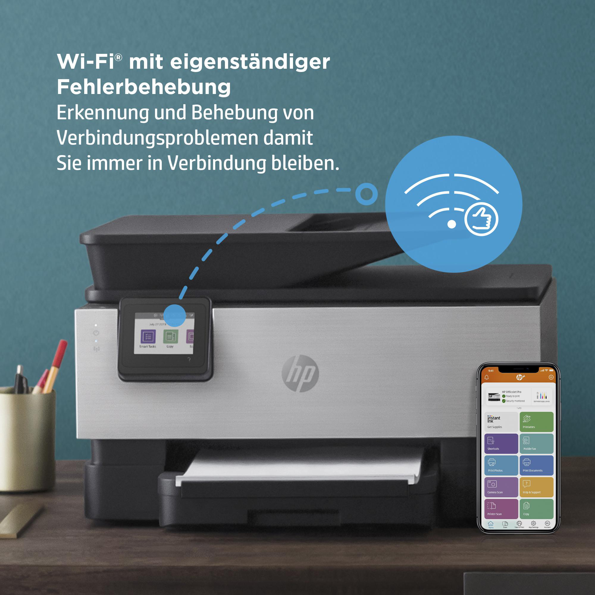 Drucker und Telefon mit WLAN-Symbol und Smartphone-Bildschirm.