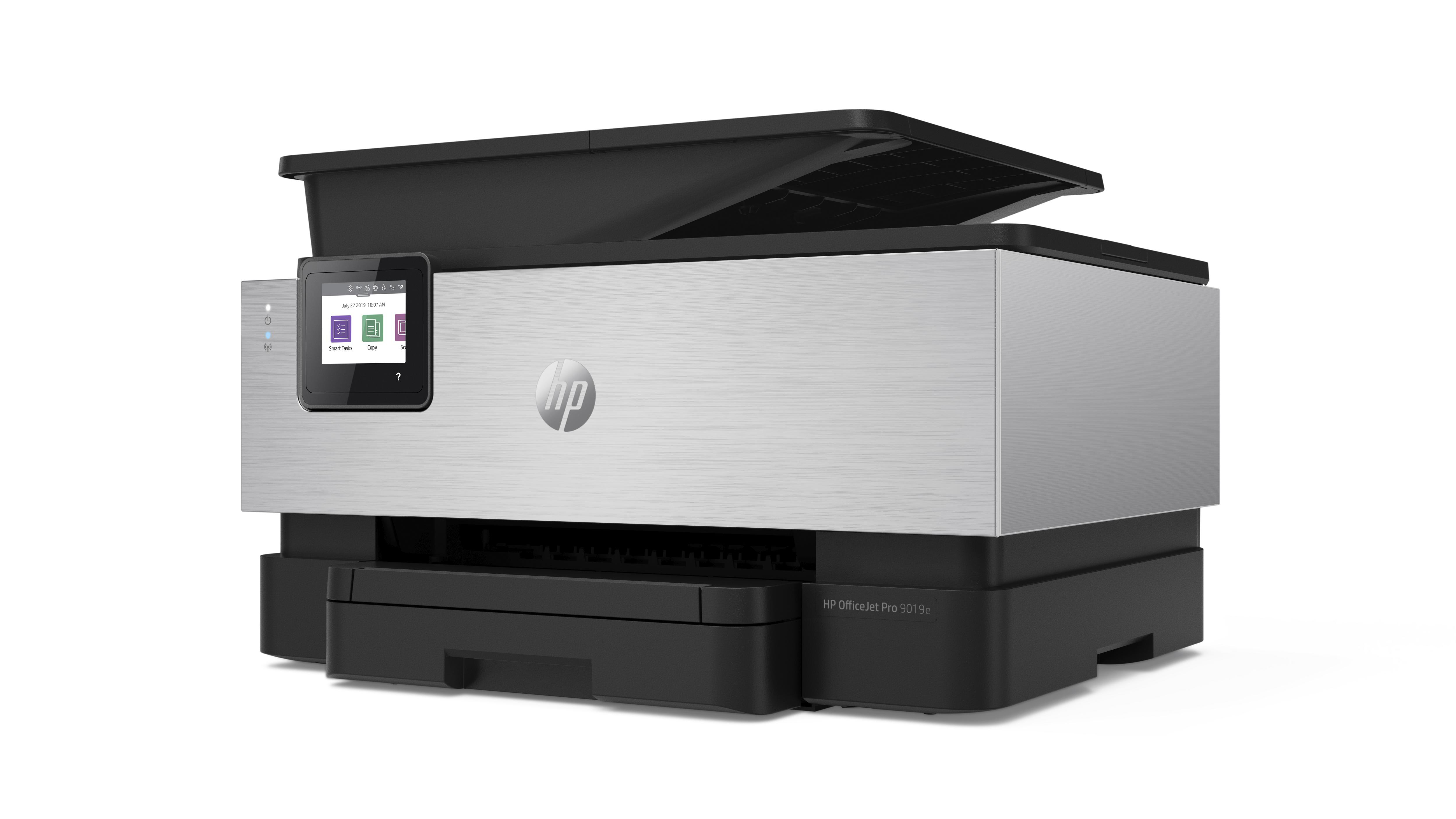 Silber-schwarzer HP OfficeJet Pro 9015e Drucker.