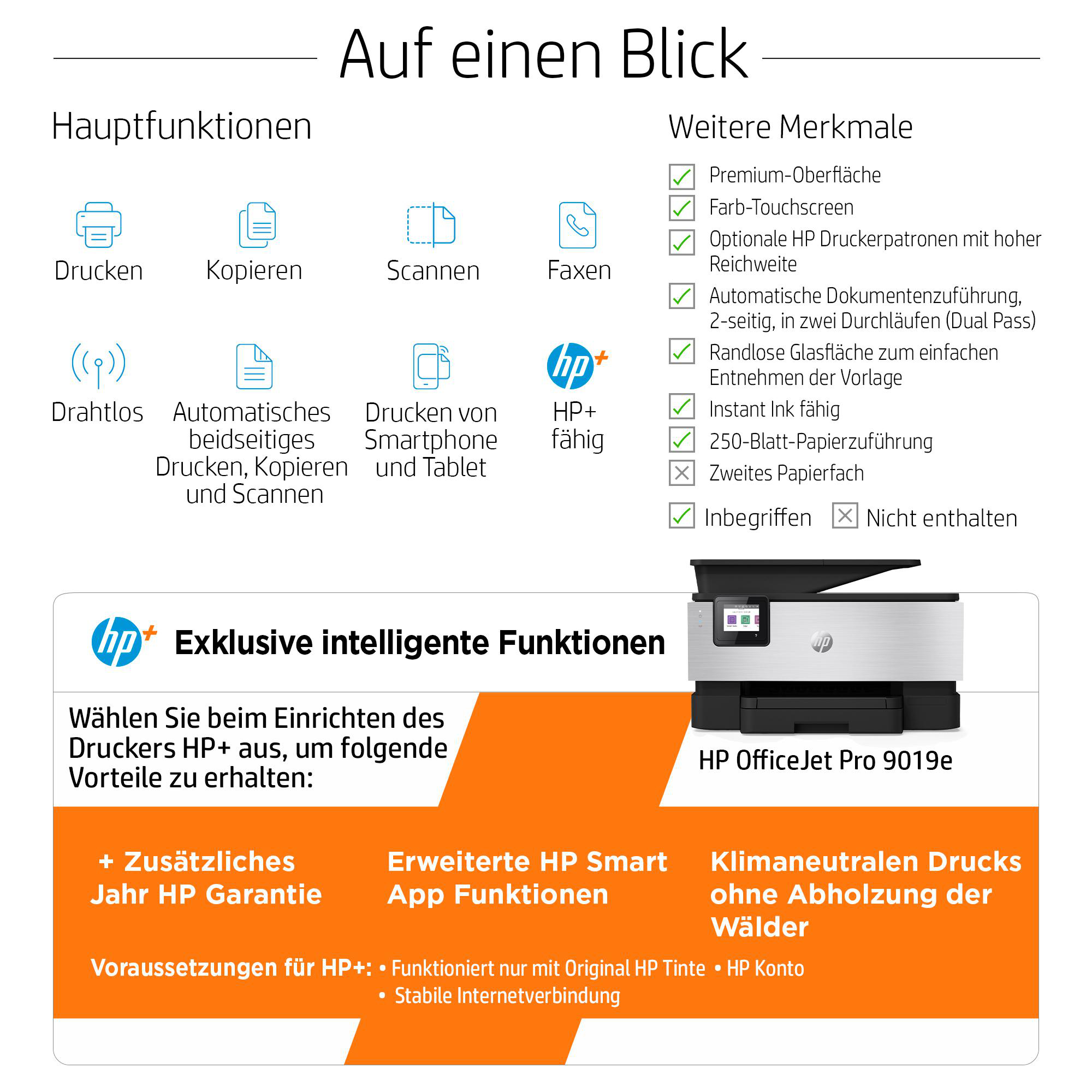 Infografik: HP-Druckerfunktionen, schwarz und weiß.