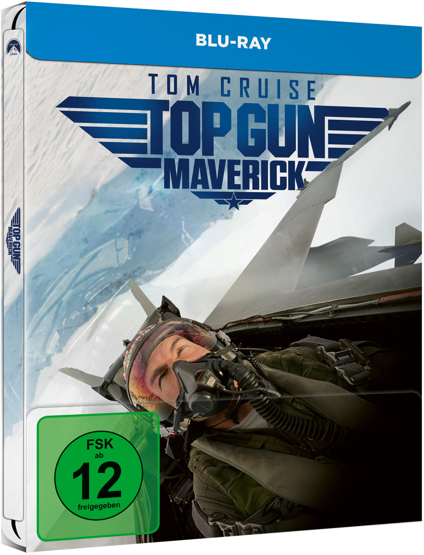 Blu-ray-Hülle von Top Gun: Maverick. Tom Cruise's Gesicht, Flugzeug im Hintergrund.