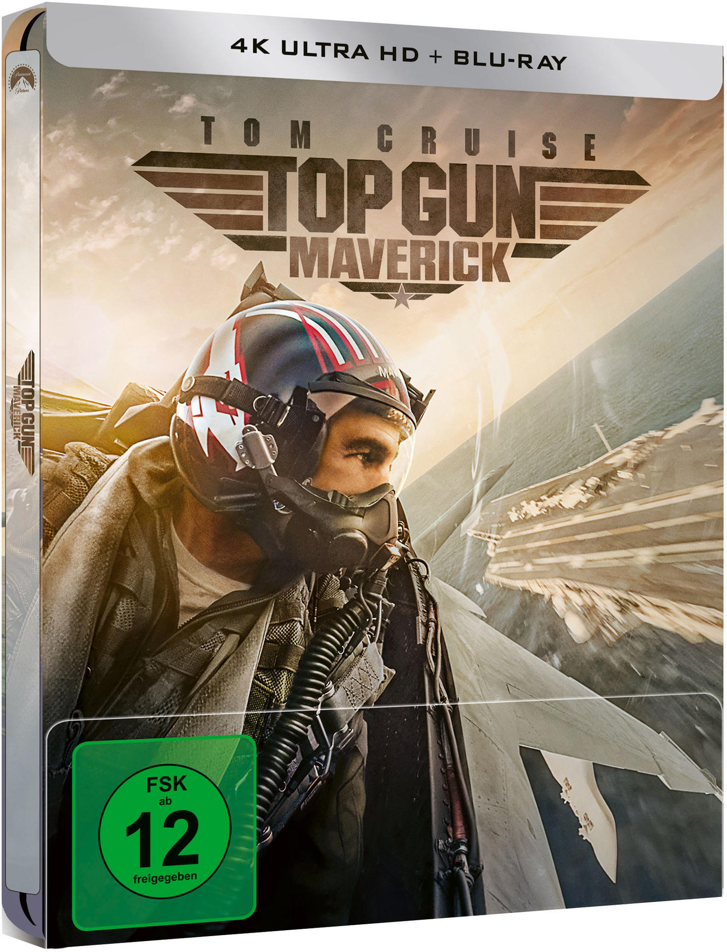 Blu-ray-Filmcover für "Top Gun: Maverick". Zeigt Tom Cruise und ein Jet im Flug.