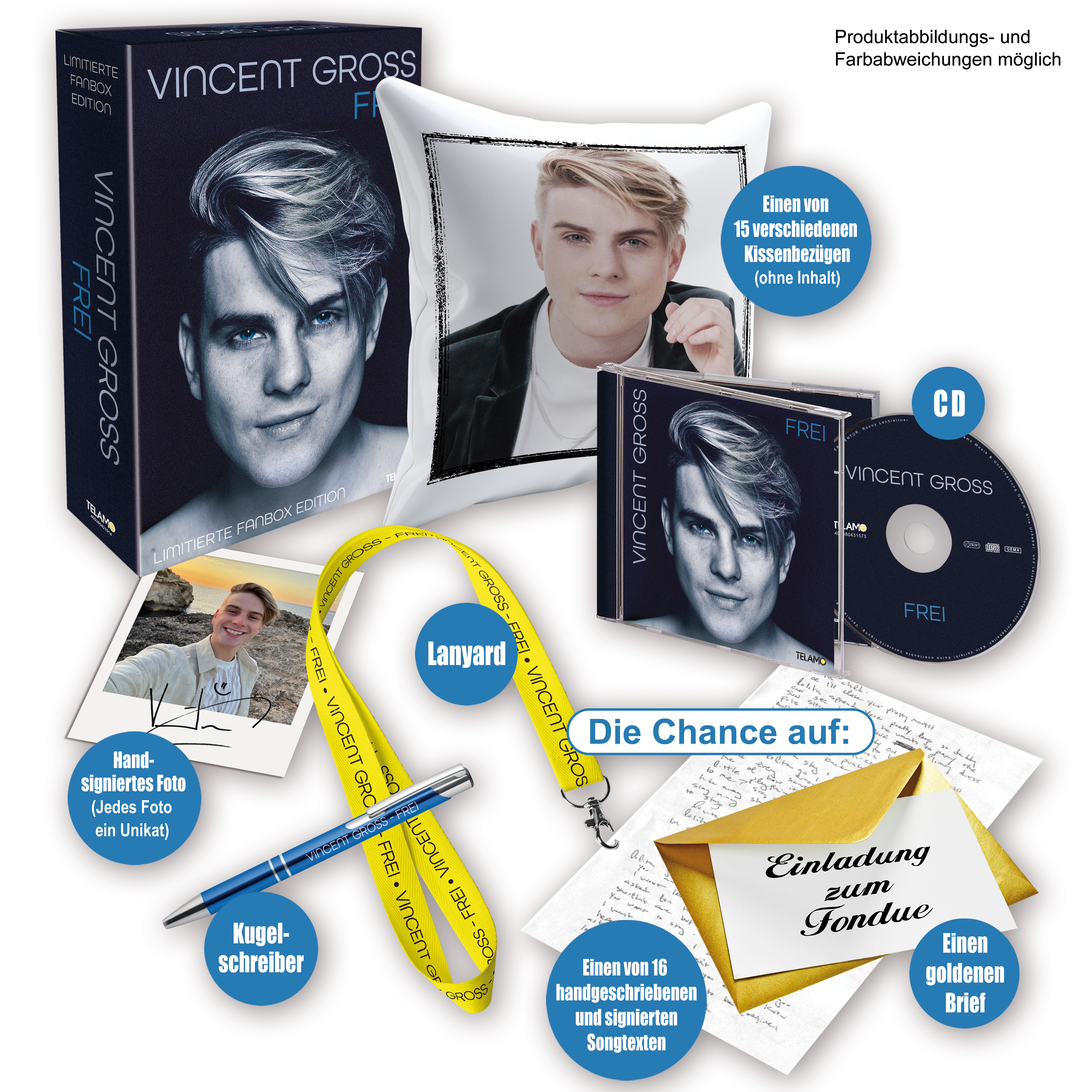 Box-Set mit Vincent Gross Artikeln. Enthält ein Kissen, CD, signiertes Foto, Stift, Schlüsselband und Brief.