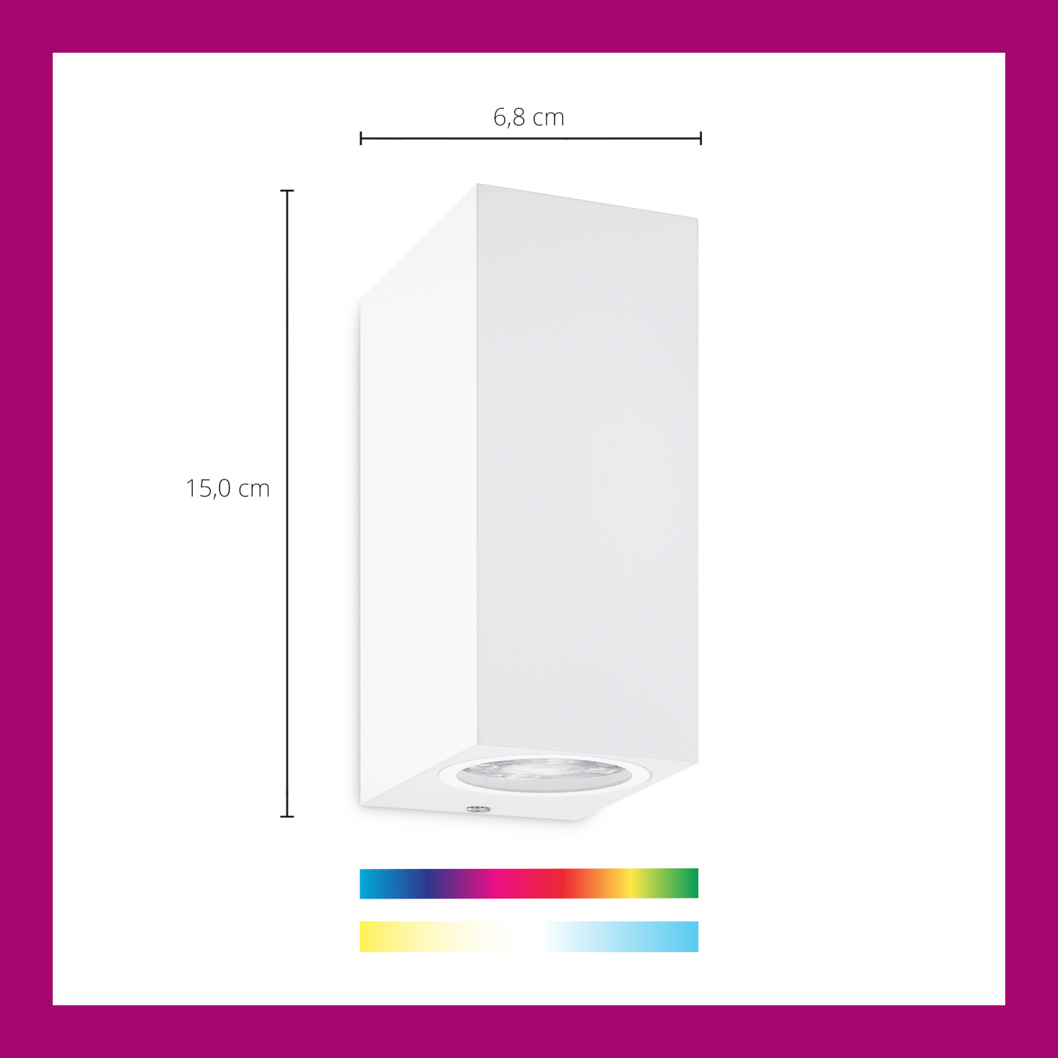 Witte wandlamp met een gekleurd lichtspectrum eronder. Witte achtergrond.