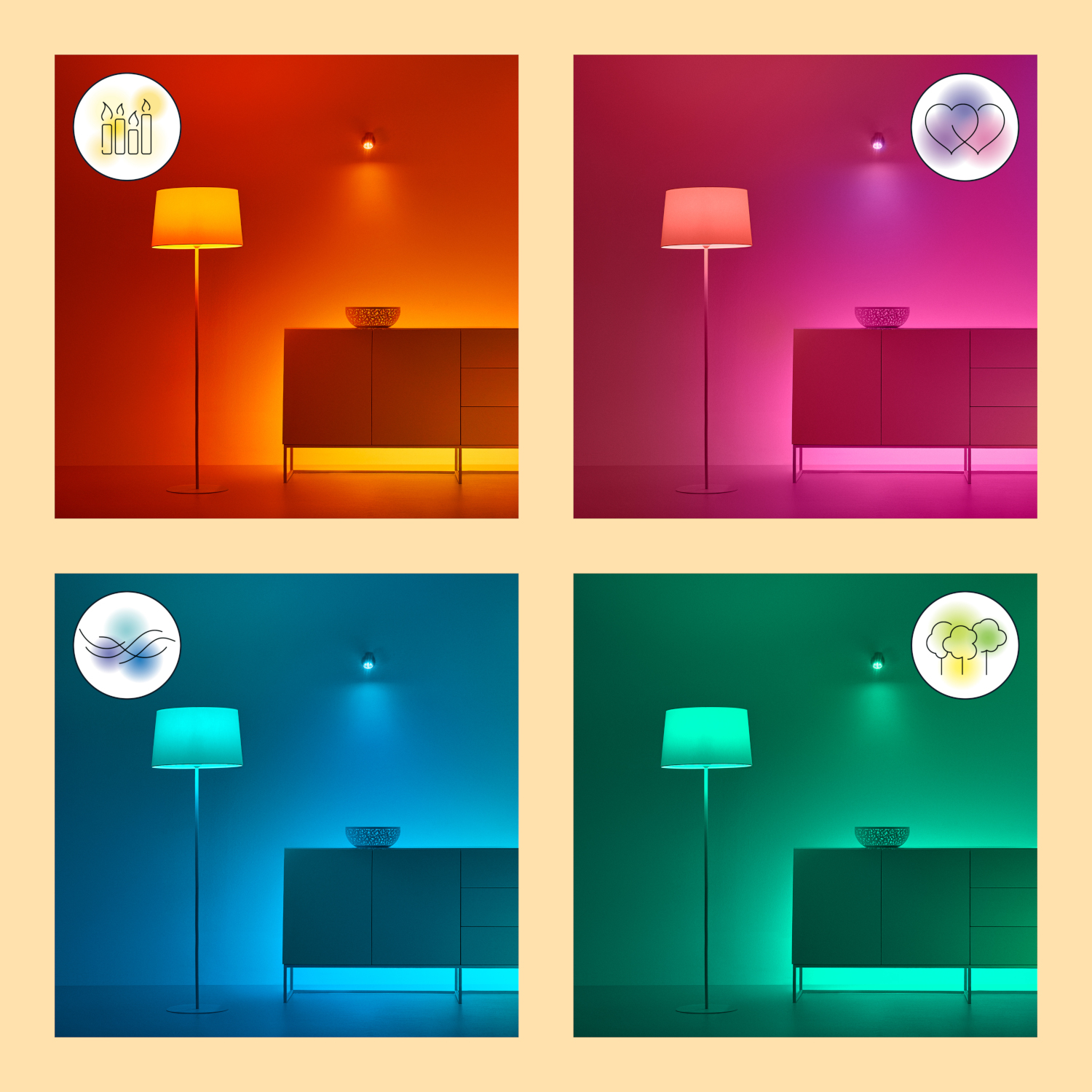 Vier afbeeldingen met een vloerlamp met verschillende gekleurde lichten: oranje, roze, blauw en groen.