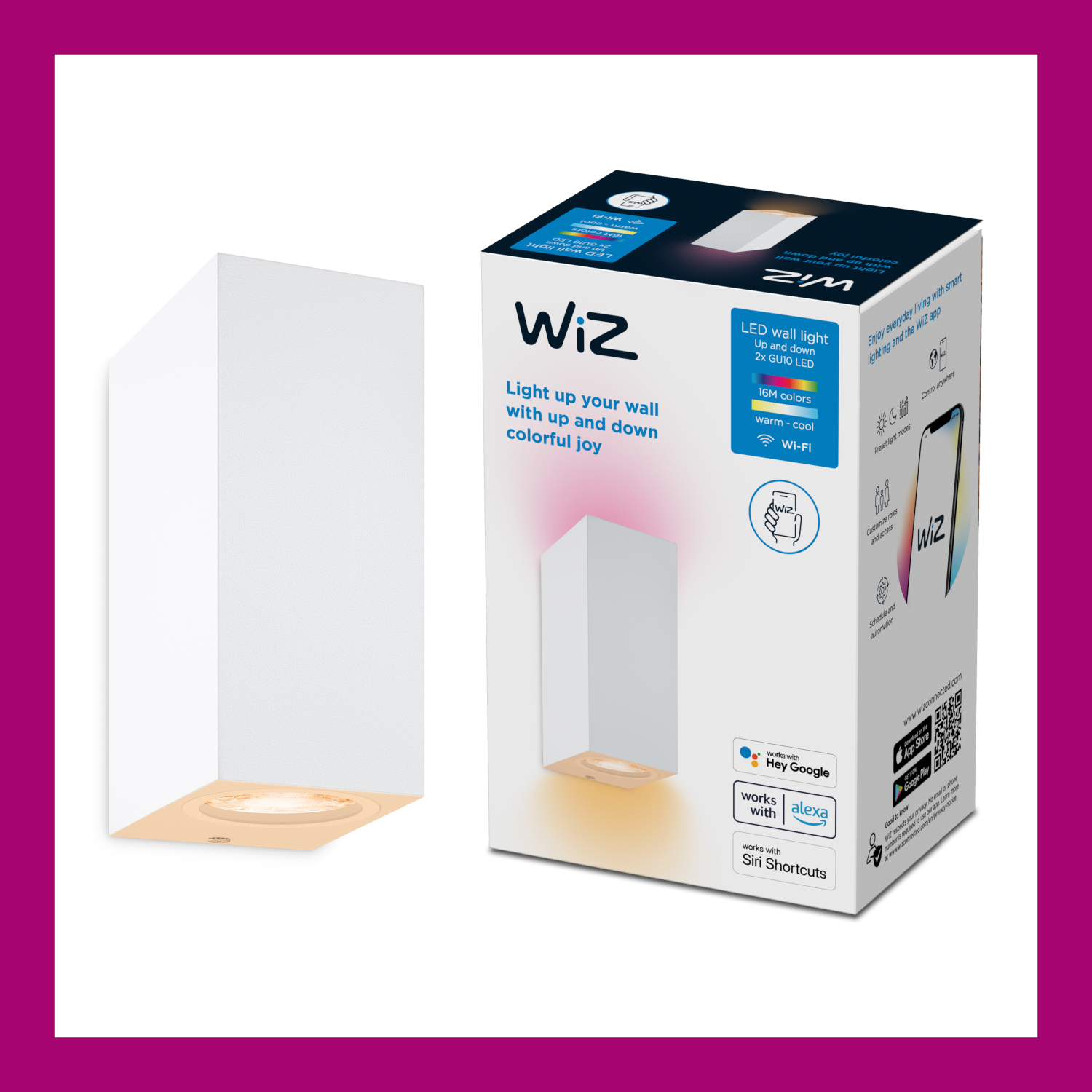 Witte wandlamp in een doos. Een telefoon en een lamp worden getoond, met tekst en een roze rand.
