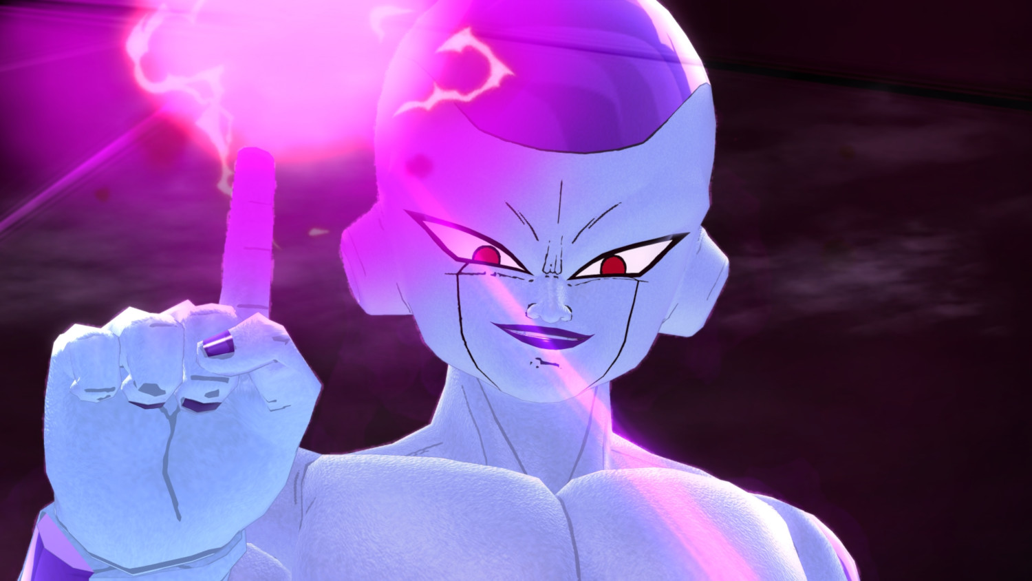 Een lichtblauw alien-personage met paarse energie. Het heeft rode ogen en een gemene grijns.