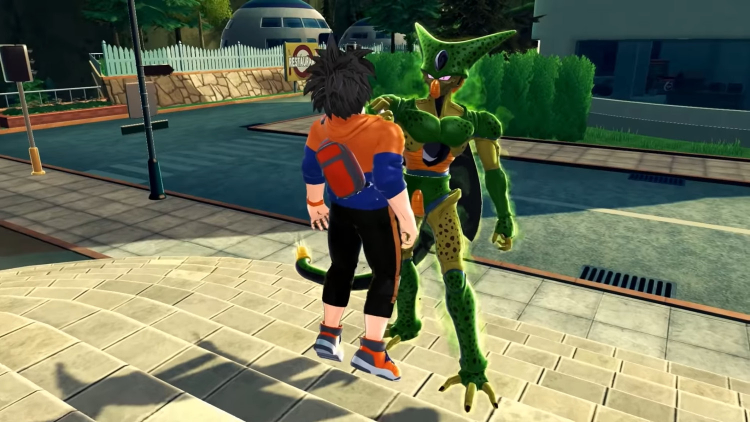 Cell en een personage uit Dragon Ball. Ze staan op een trap in een kleurrijke omgeving.