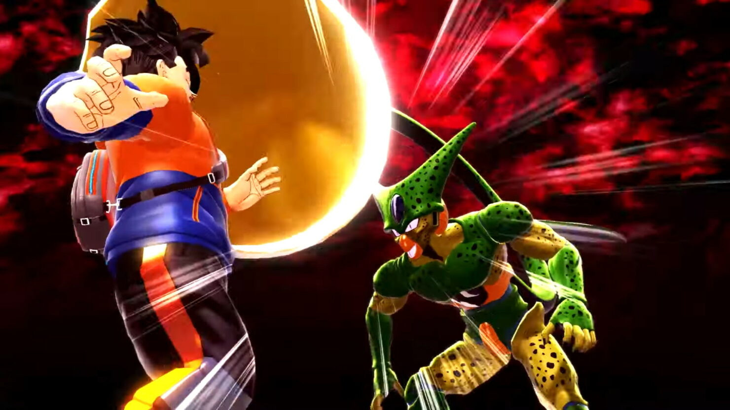 Twee videogamepersonages die vechten met een gouden energiebal.