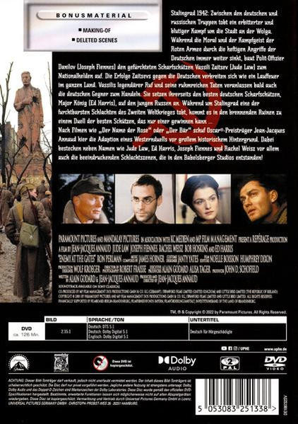 DVD-Hülle von 'Enemy at the Gates'. Die Rückseite zeigt Bilder der Besetzung und Text über den Film.