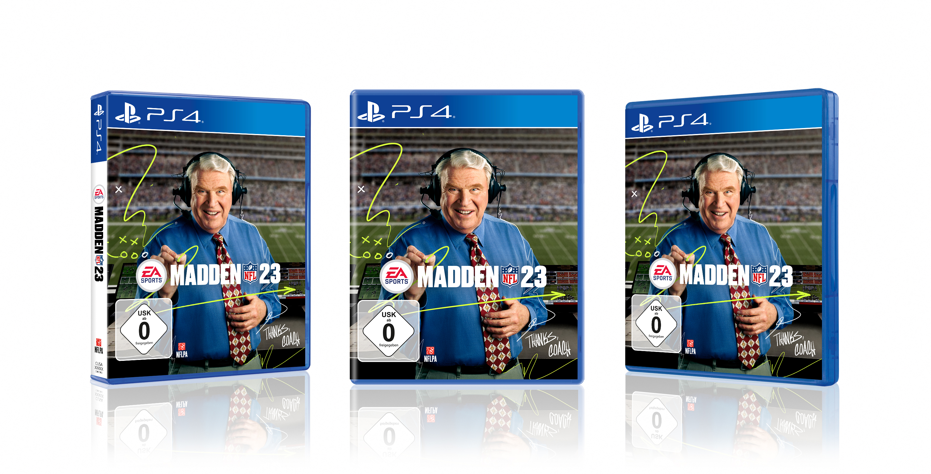 Videospiel-Boxart für Madden NFL 23 auf PS4. Drei Boxen werden angezeigt, die einen Mann zeigen.