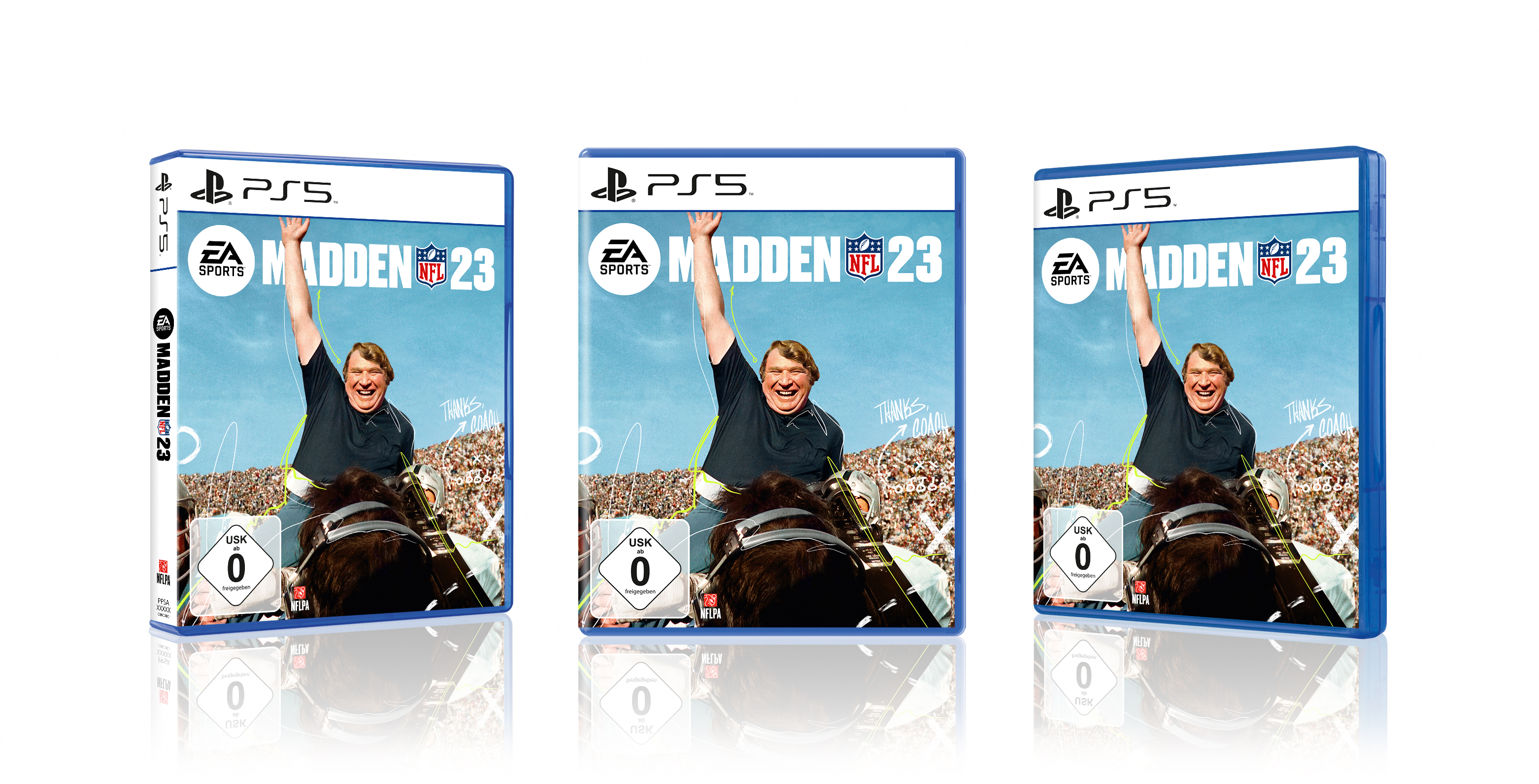 Videospiel-Boxart für Madden NFL 23 auf PS5. Drei Boxen werden angezeigt, die einen Mann zeigen.