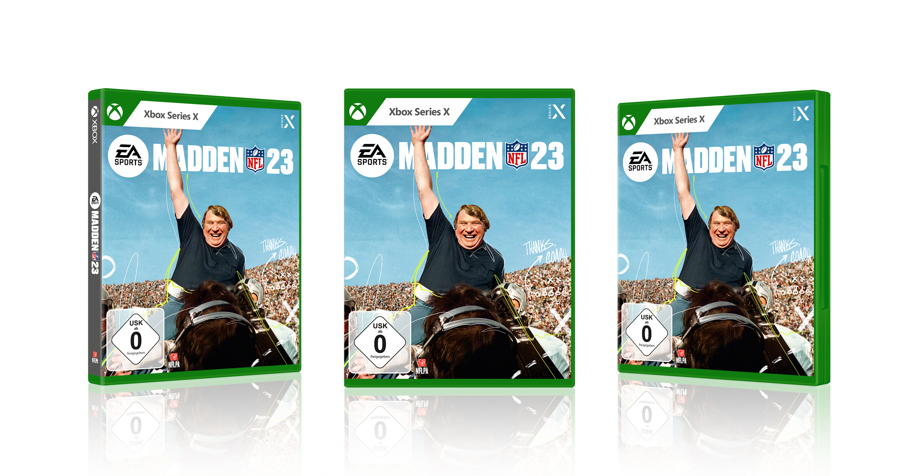 Drei Xbox-Spielehüllen für Madden NFL 23, mit einem Spieler auf dem Cover. Grün-weißes Farbschema.