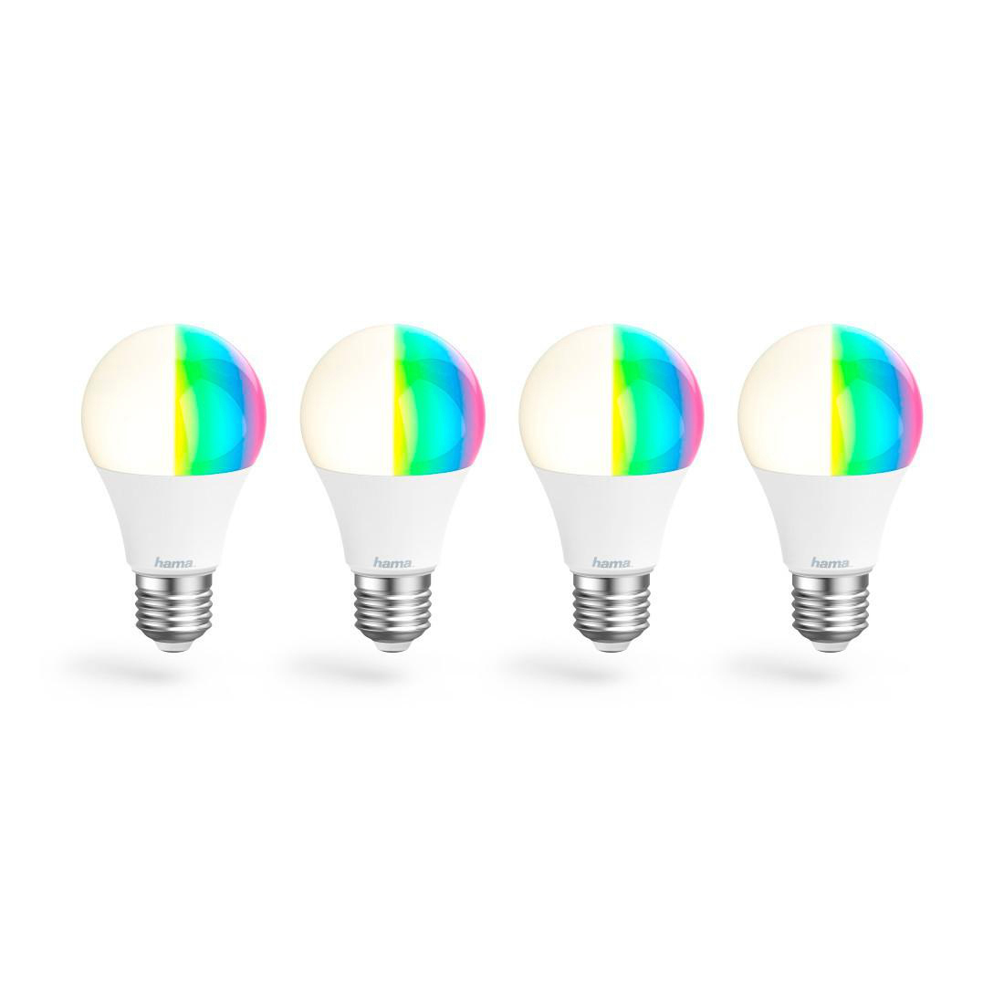 Vier Hama Smart LED-Glühbirnen, jede mit weißem Oberteil und Farbverlauf unten.