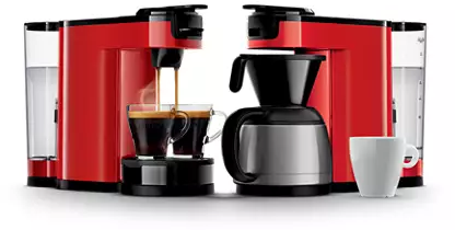 Twee rode koffiezetapparaten. Eén zet koffie in twee glazen. Witte koffiekop.