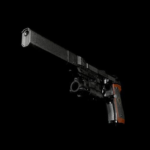 Pistolet noir avec silencieux et lampe de poche.