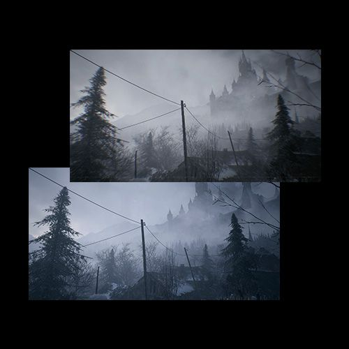 Deux images superposées d'un paysage brumeux avec un château.