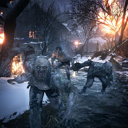 Zombies dans un village enneigé, avec du feu et une atmosphère sombre.