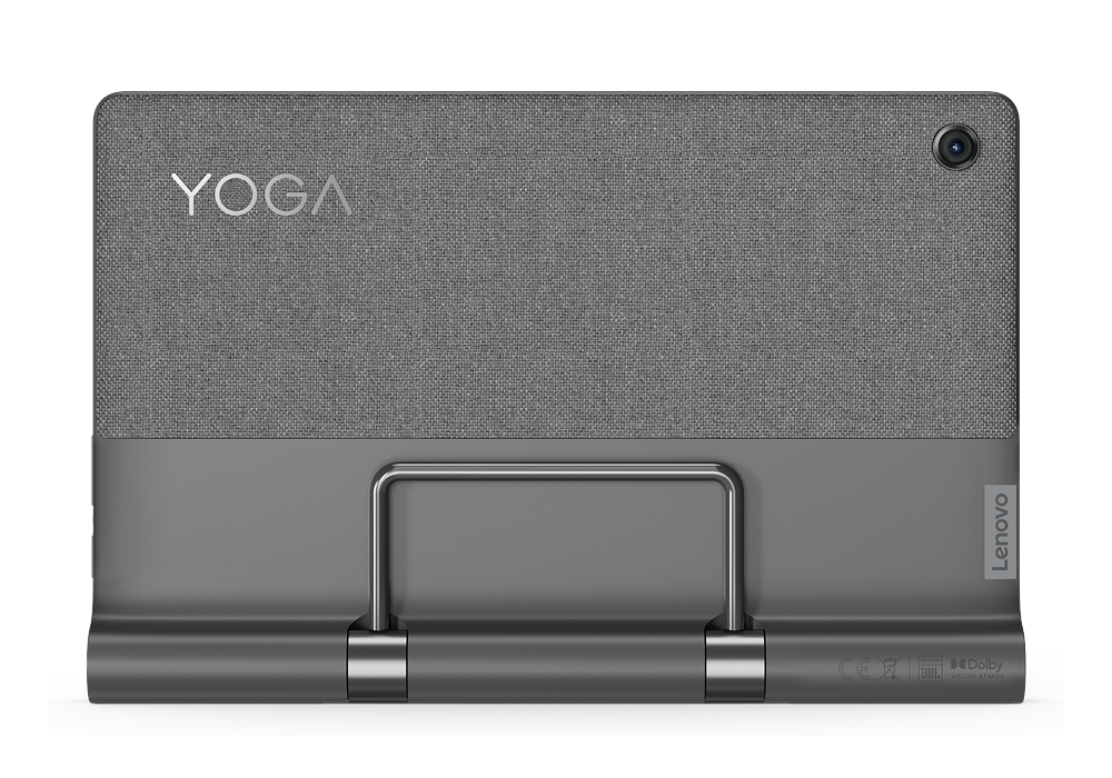 Parte trasera de una tableta gris con soporte. Logotipo Lenovo, cámara y altavoz visibles.