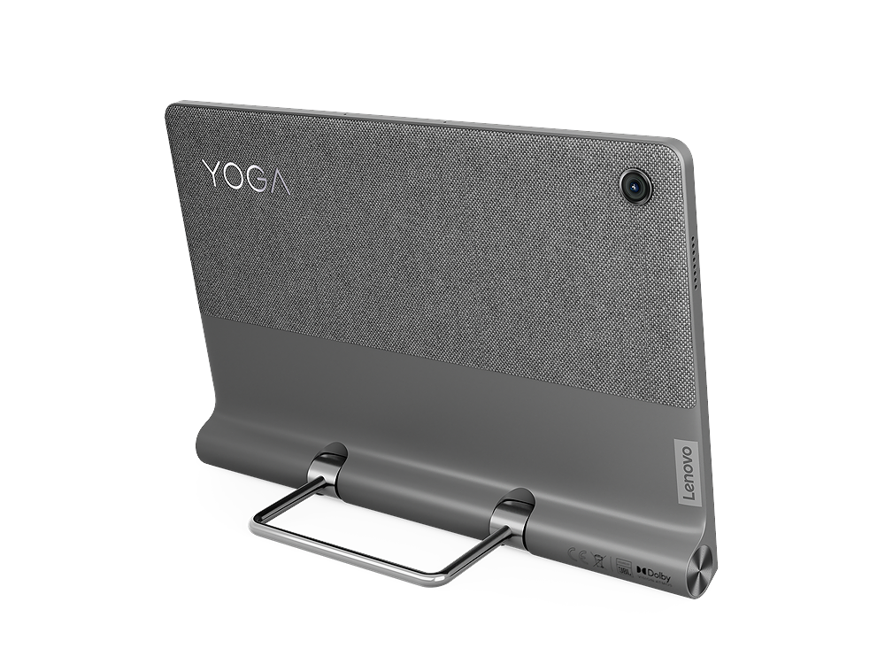 Tableta Lenovo gris con la parte trasera visible. Texto Lenovo y Yoga visible.
