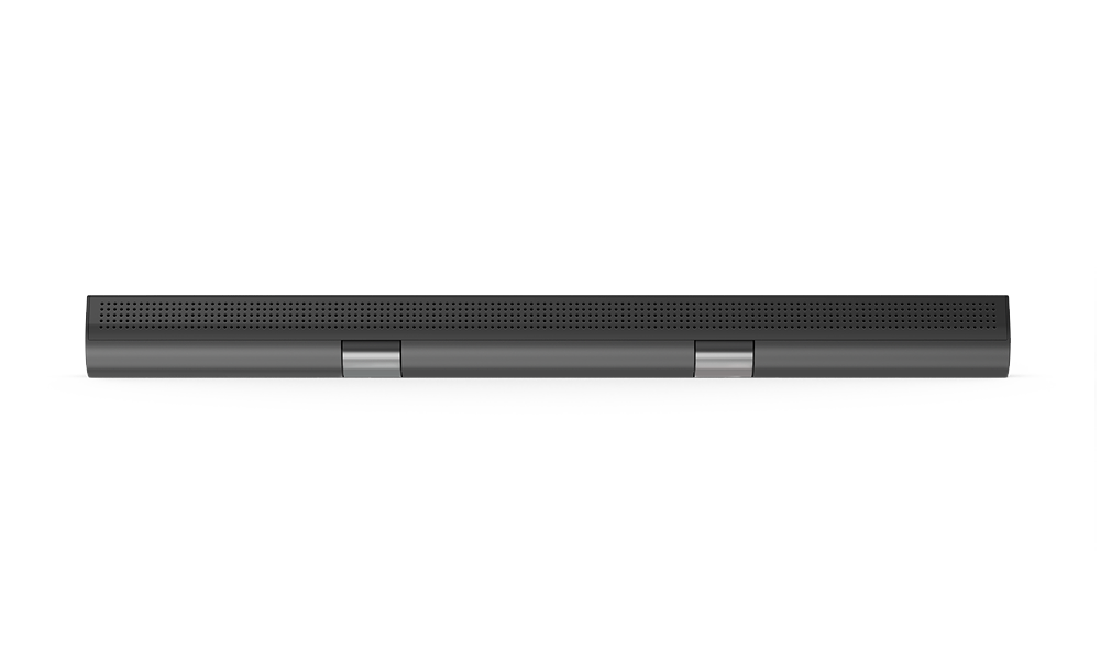 Una barra de sonido larga, gris oscuro, sobre un fondo negro, con dos clips plateados.