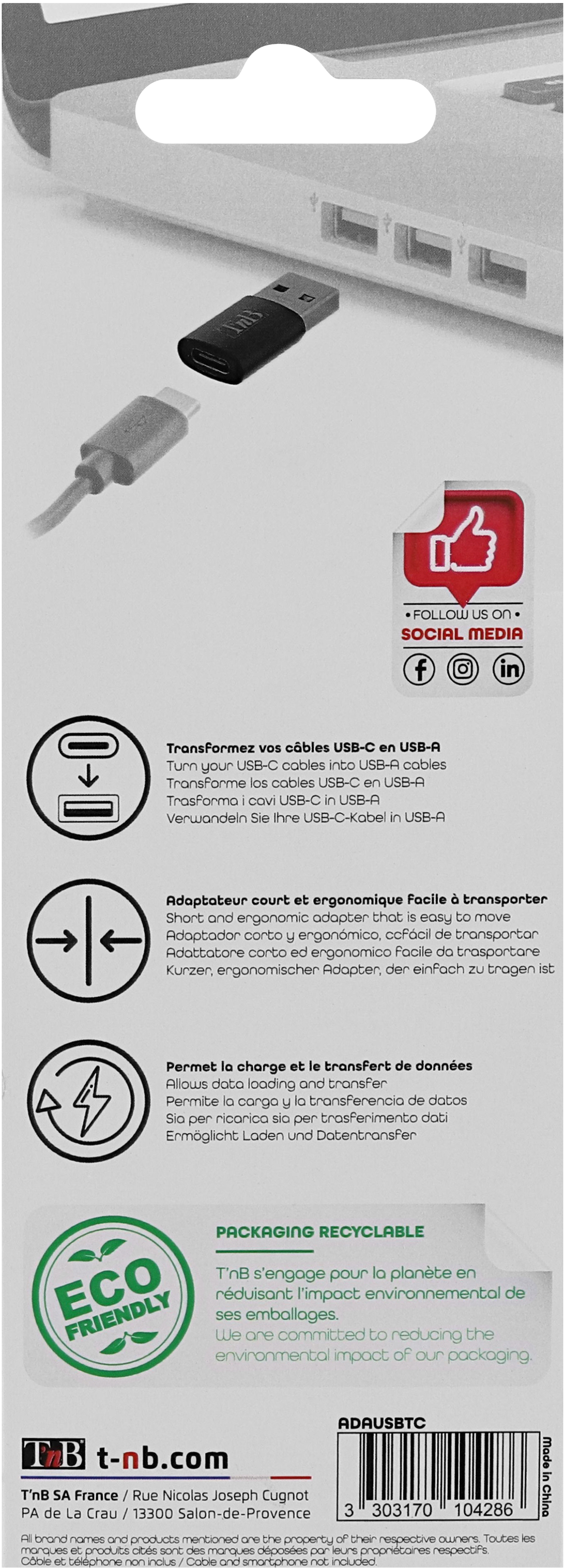 Emballage d'adaptateur USB-C vers USB-A avec détails du produit et icône de recyclage.