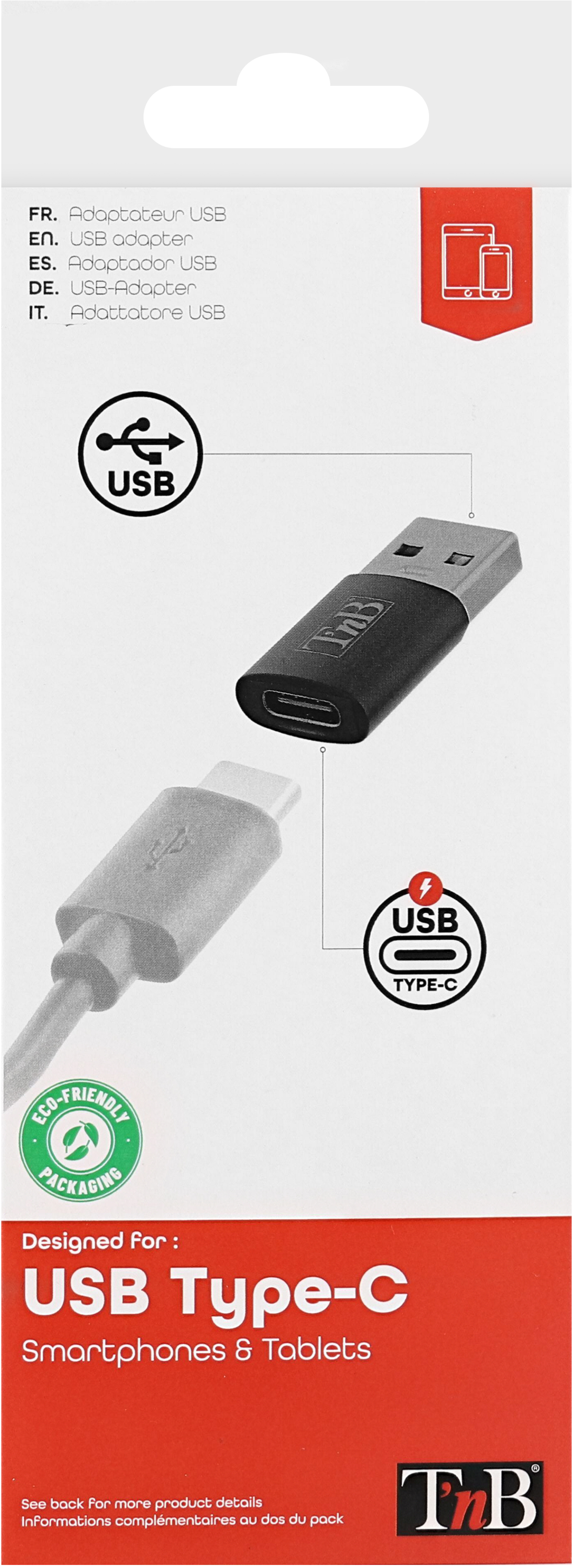 Paquet d'adaptateur USB. Contient un adaptateur USB vers USB-C et détails de l'emballage.