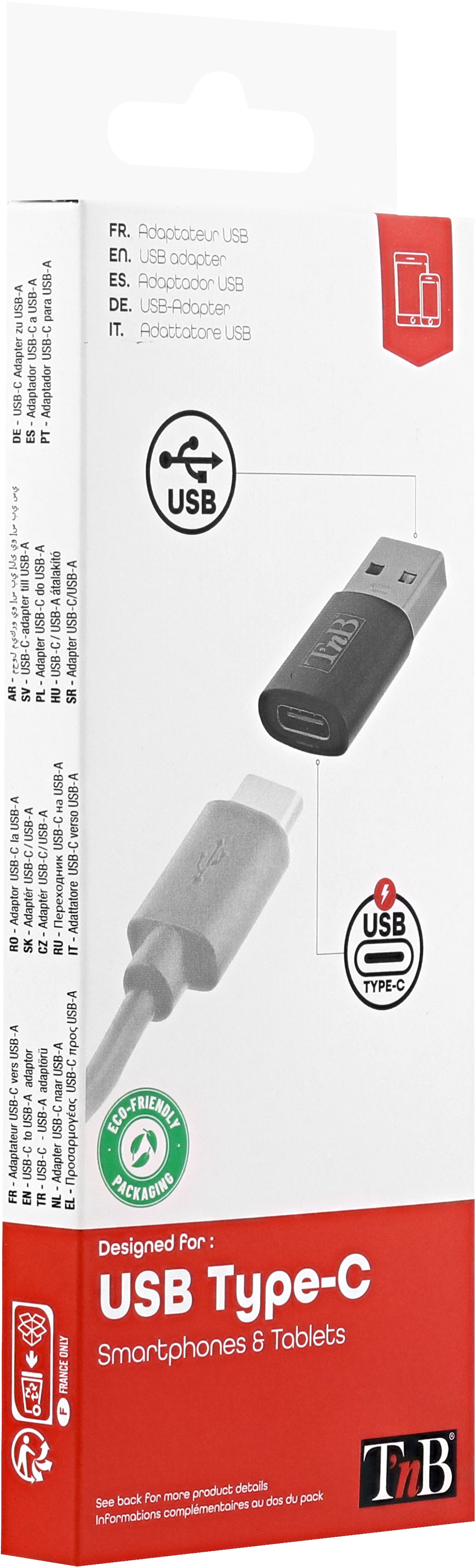 Adaptateur USB Type-C. Adaptateur noir et gris. La boîte montre câble et adaptateur USB et Type-C.