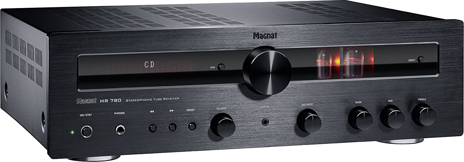 Schwarzer Magnat MR 780 Stereo-Receiver. Knöpfe, Regler, Display und zwei orangefarbene Röhren sind vorne sichtbar.
