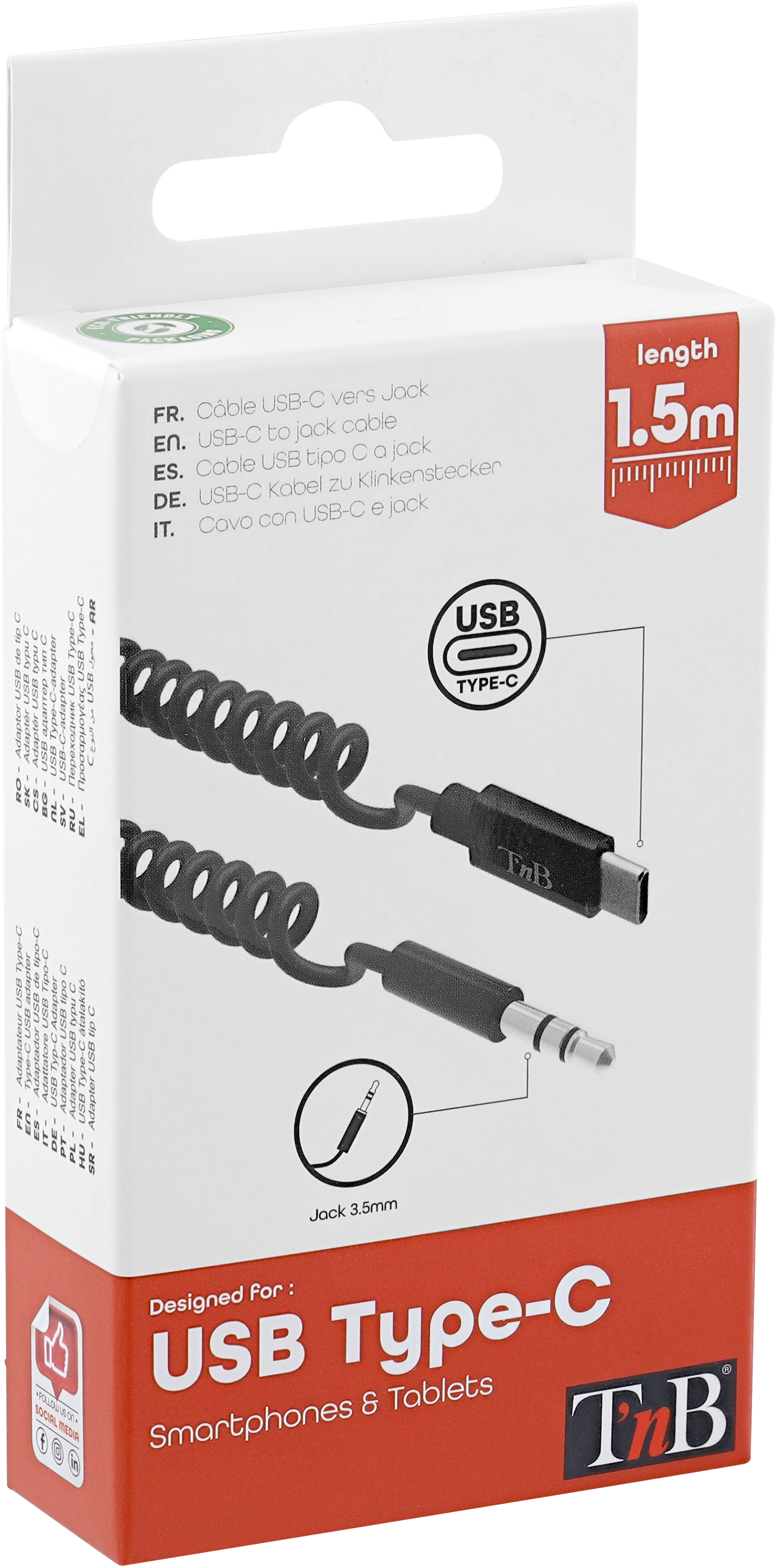 Câble USB Type-C vers Jack dans une boîte blanche. Câble noir, boîte blanche.
