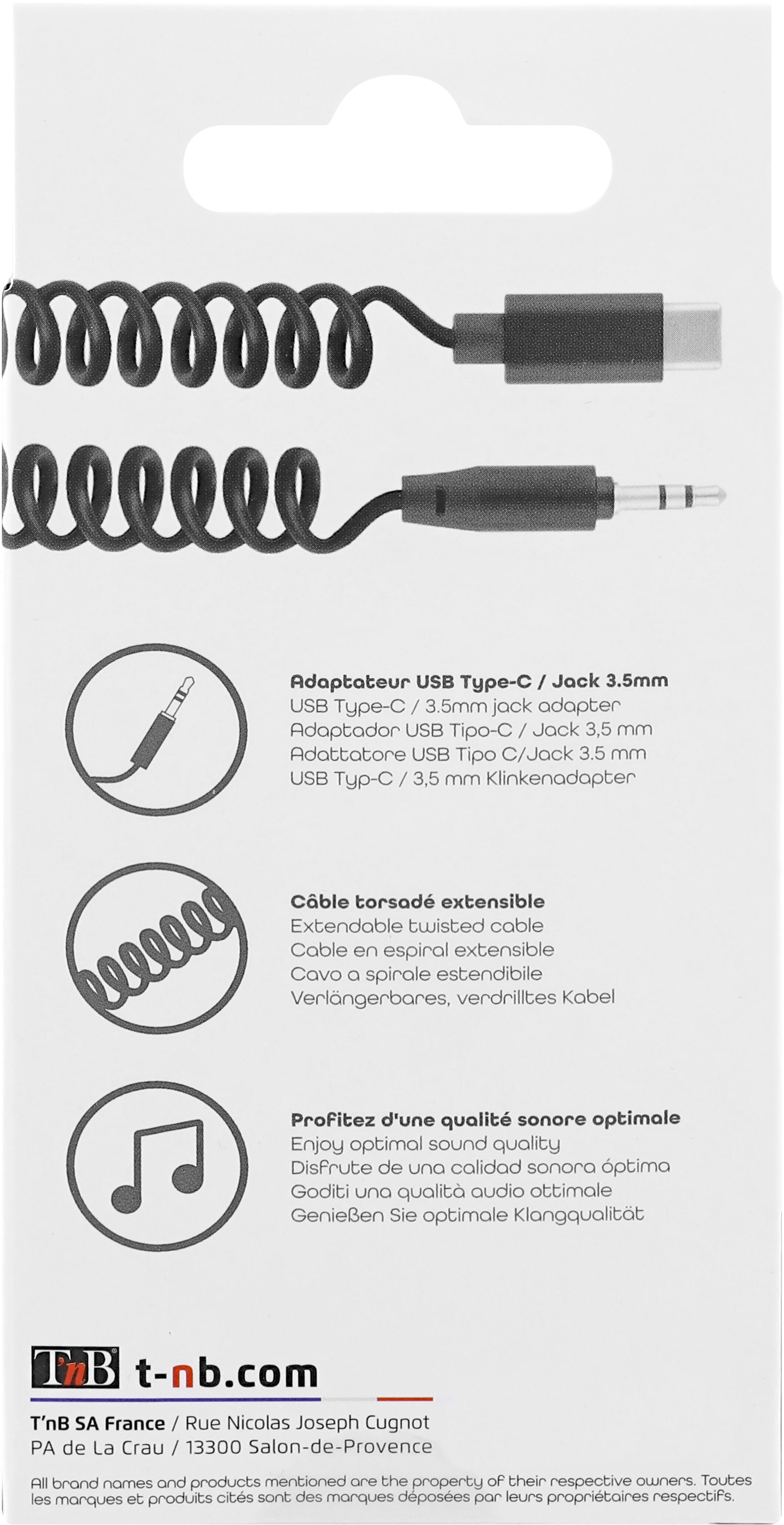 Câble adaptateur USB Type-C vers Jack 3,5 mm noir. Texte en plusieurs langues au dos.