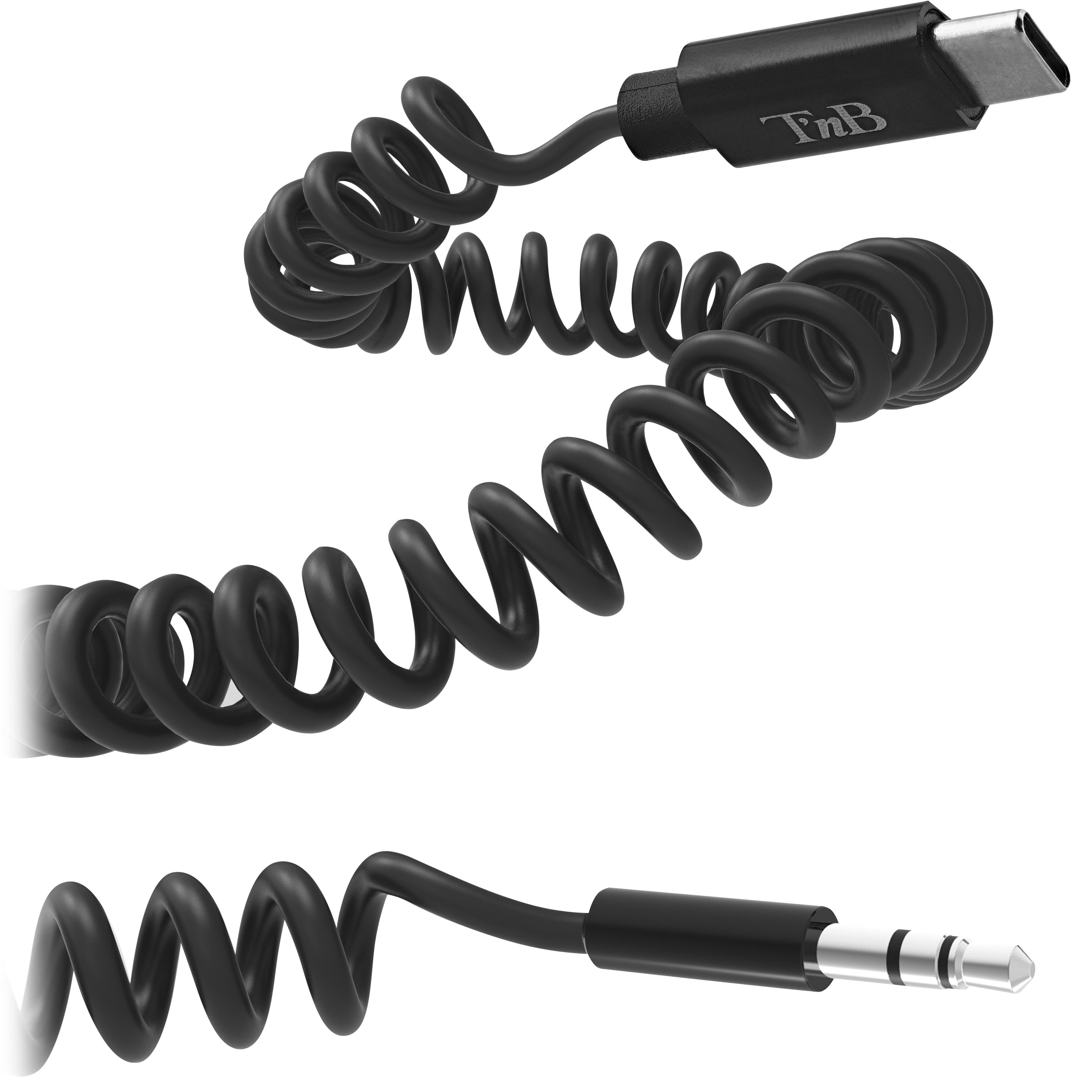 Câble audio USB-C vers 3,5 mm noir enroulé, montrant les deux extrémités.