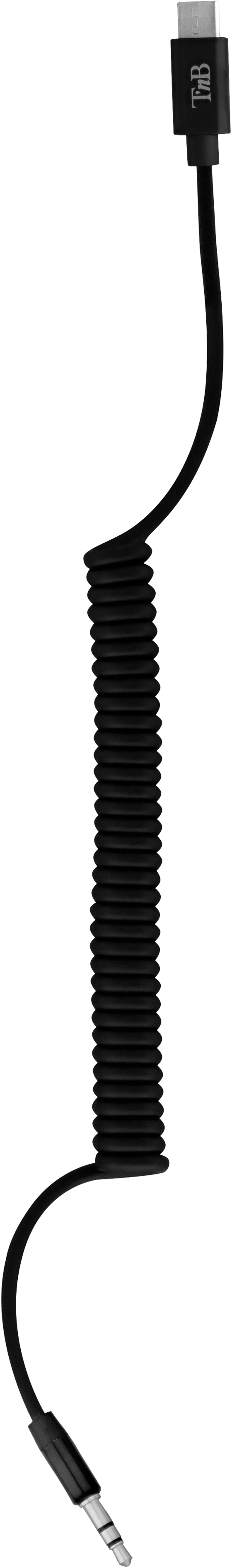 Câble enroulé noir avec connecteurs USB-C et 3,5 mm.