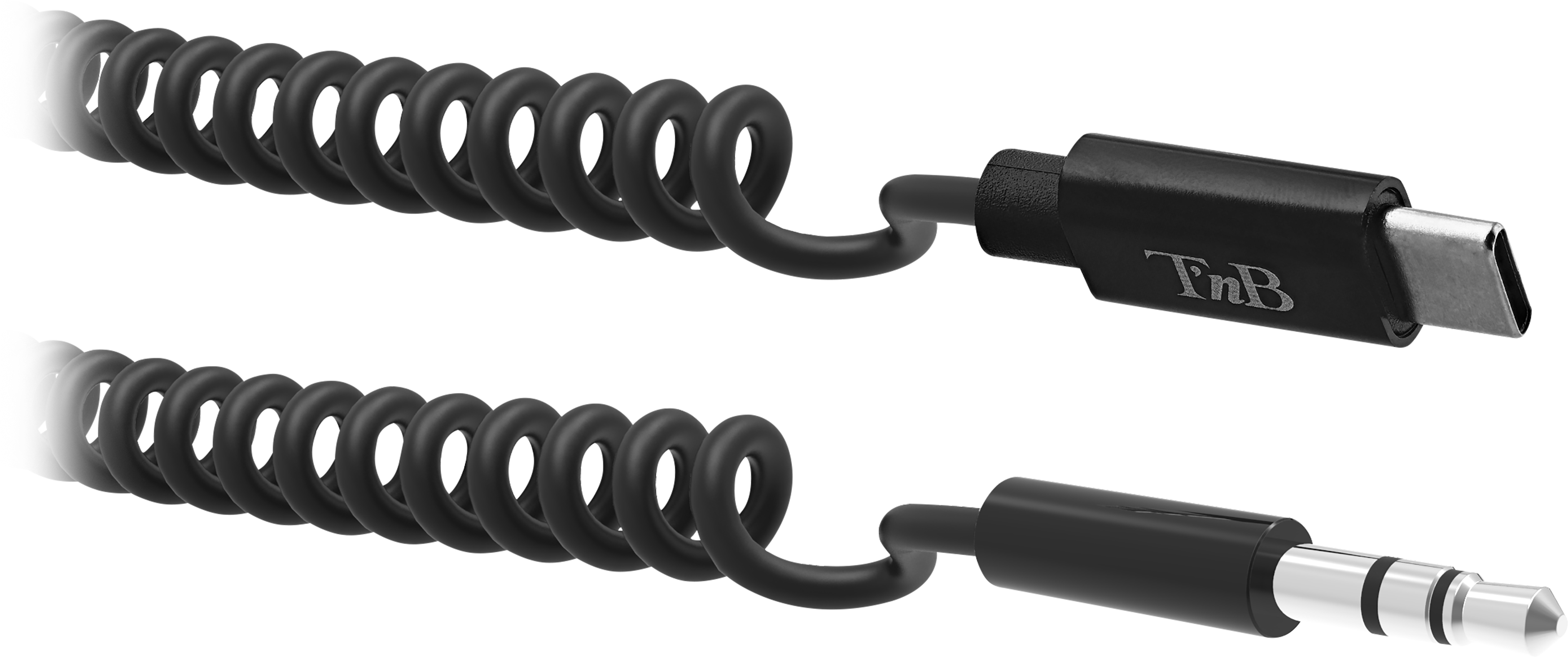 Deux câbles enroulés noirs avec connecteurs USB-C et jack 3,5 mm.