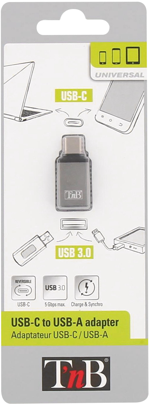 Un adaptateur USB-C vers USB-A dans son emballage. Texte indiquant son objectif.