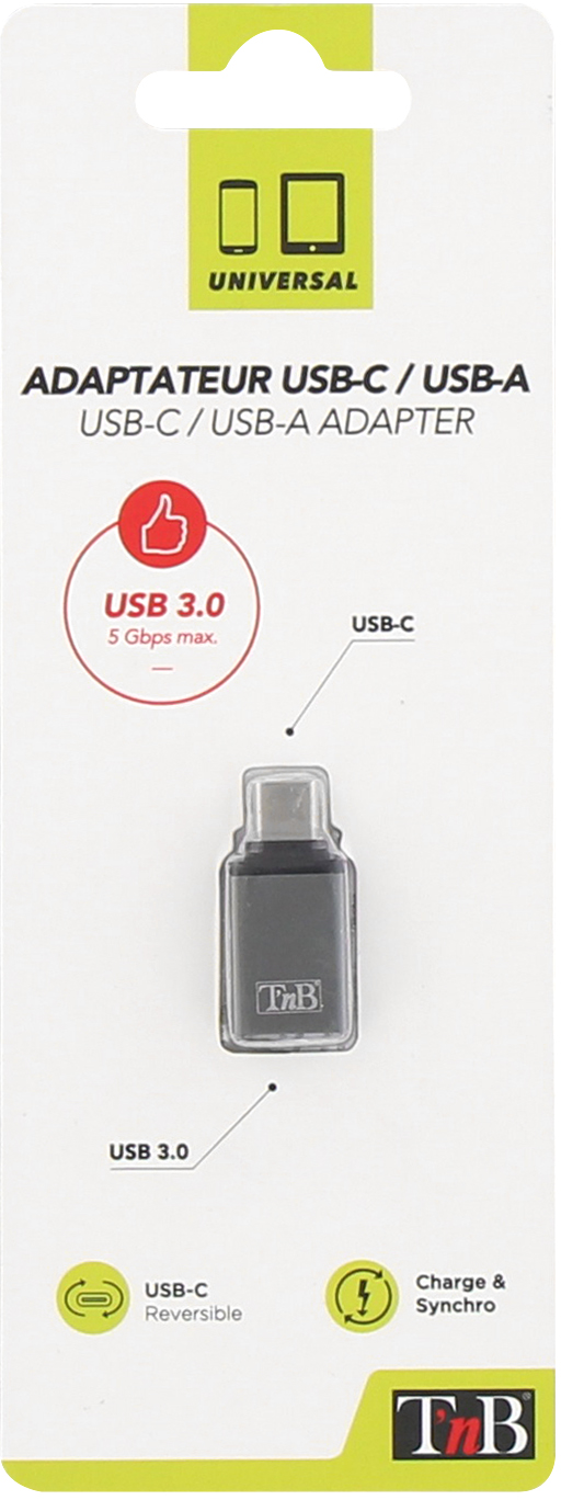 Un adaptateur USB-C vers USB-A dans un emballage. L'adaptateur est noir avec 'T&B'.