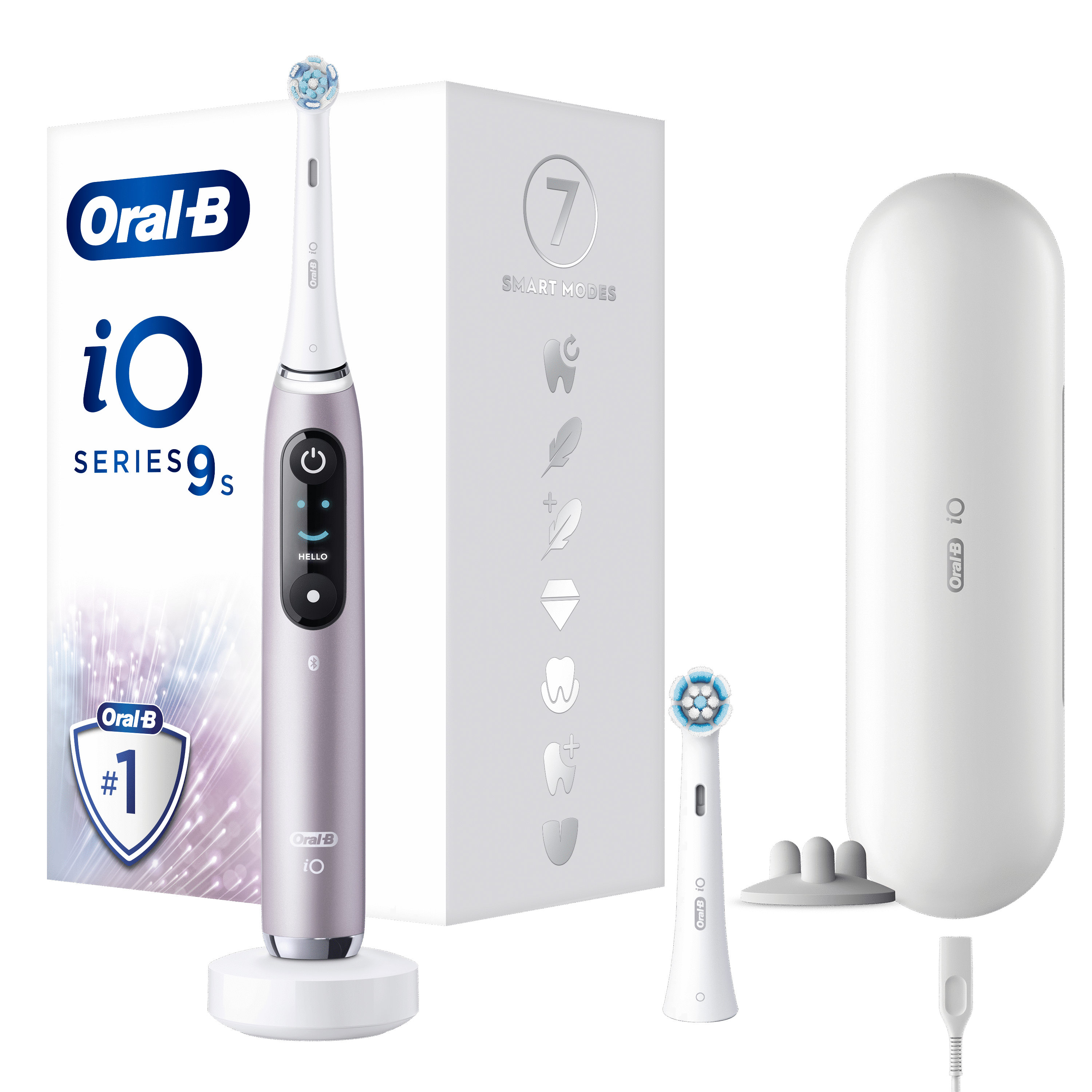 Oral-B iO Series 9s elektrische tandenborstel, met accessoires, op een witte achtergrond.