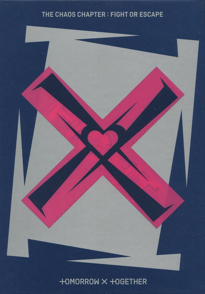 Album borító: Rózsaszín X szívvel, szürke négyzeten. Kék háttér. A szöveg: Fight or Escape.