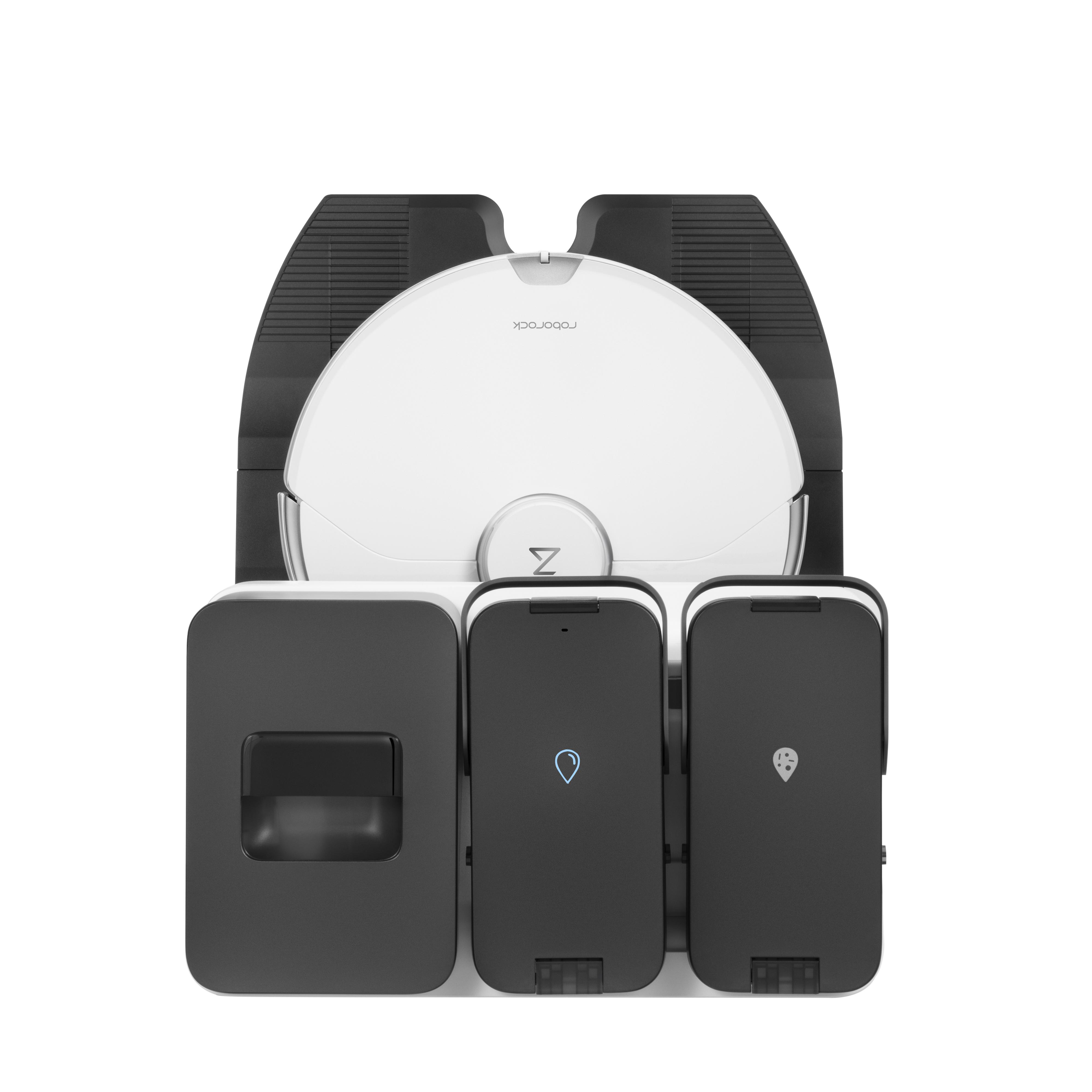 Roboter-Staubsauger mit Ladestation und Behältern.