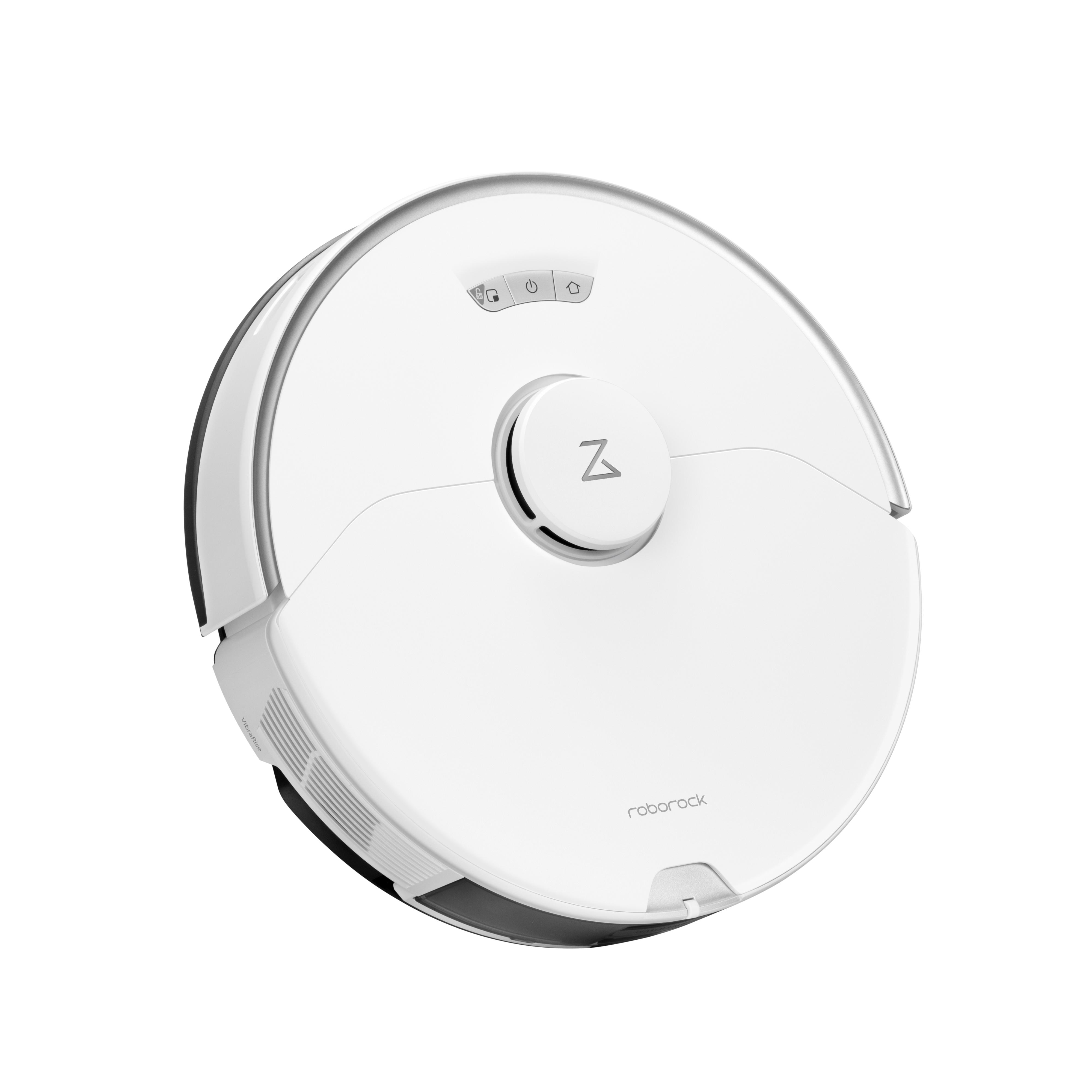 Ein weißer Roboter-Staubsauger mit kreisförmigem Design, auf weißer Oberfläche.