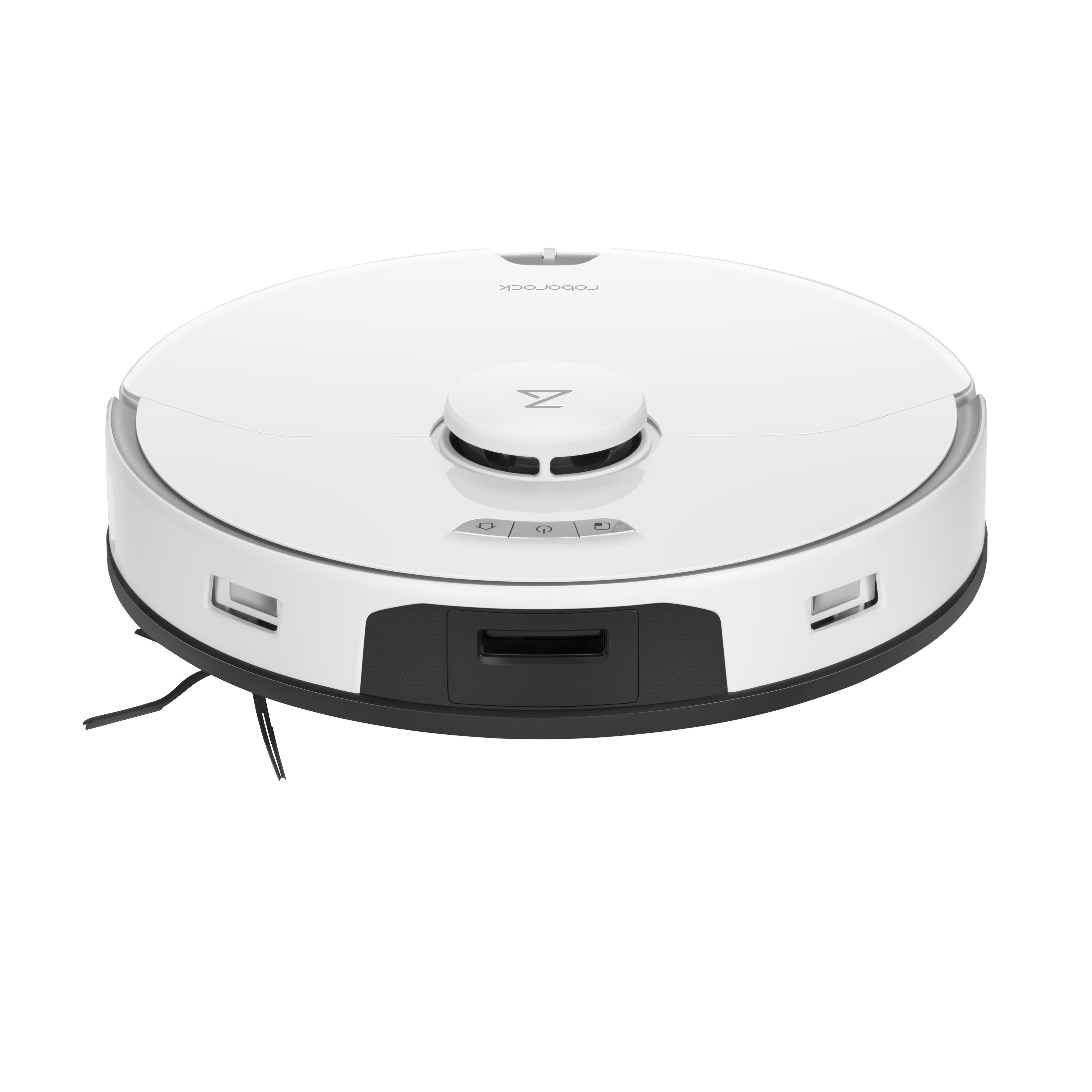 Weißer Roboter-Staubsauger von oben mit schwarzem Frontbereich und mehreren Knöpfen.