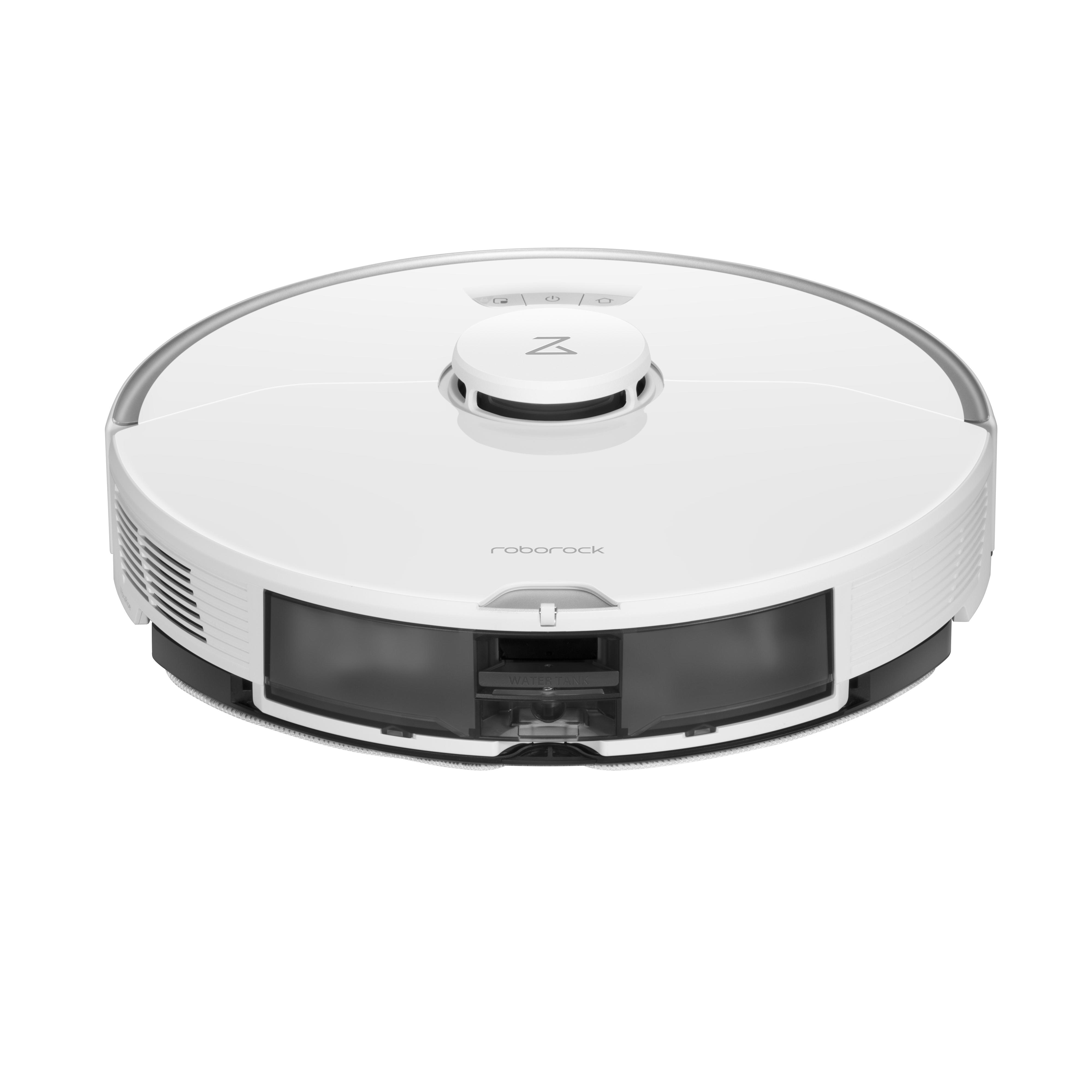 Weißer Roborock-Roboter-Staubsauger auf weißem Hintergrund, Draufsicht, kreisförmige Form.