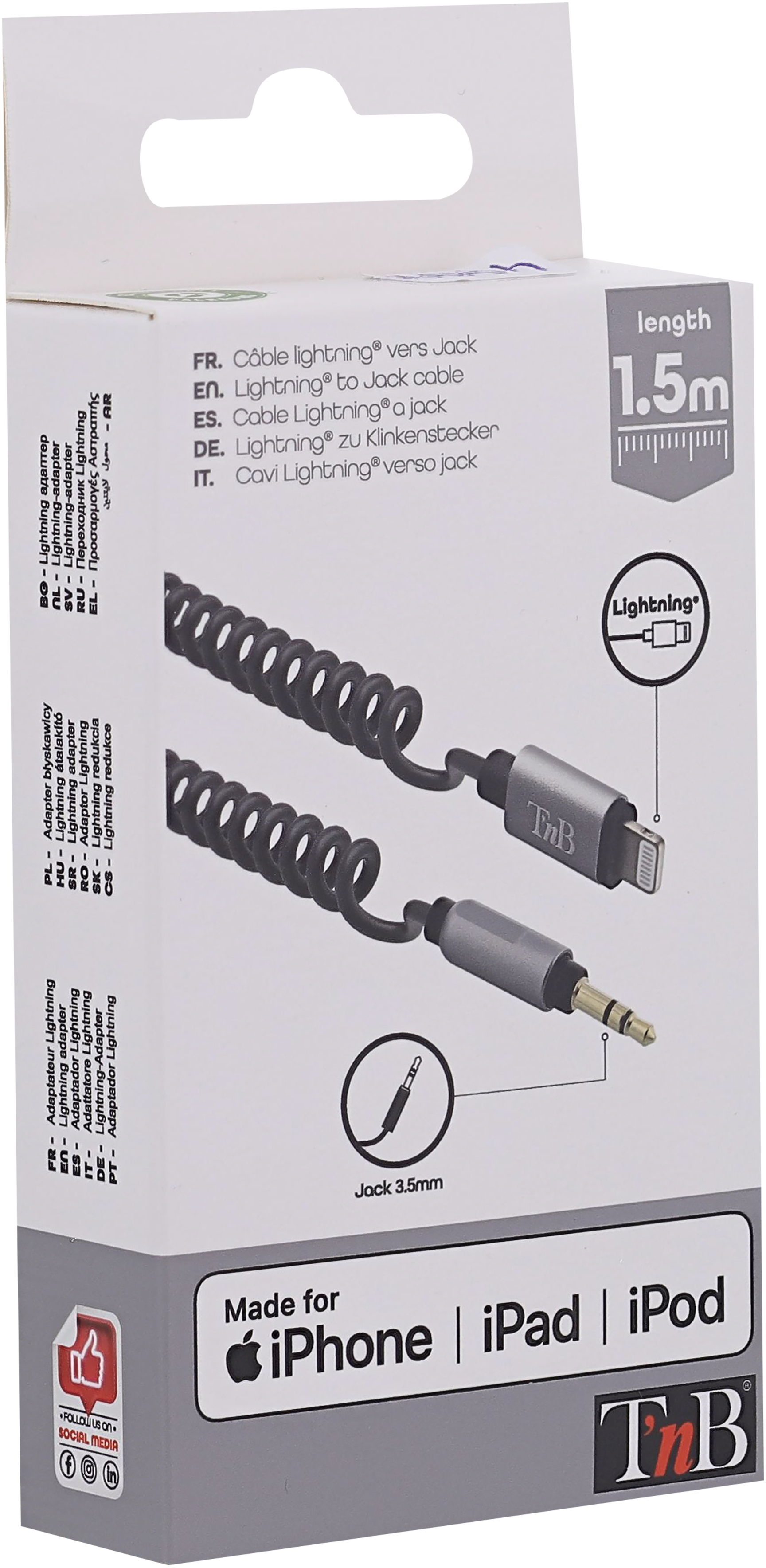 Boîte avec câble Lightning vers Jack, avec câble spiralé et prise jack 3,5 mm, pour iPhone, iPad et iPod.