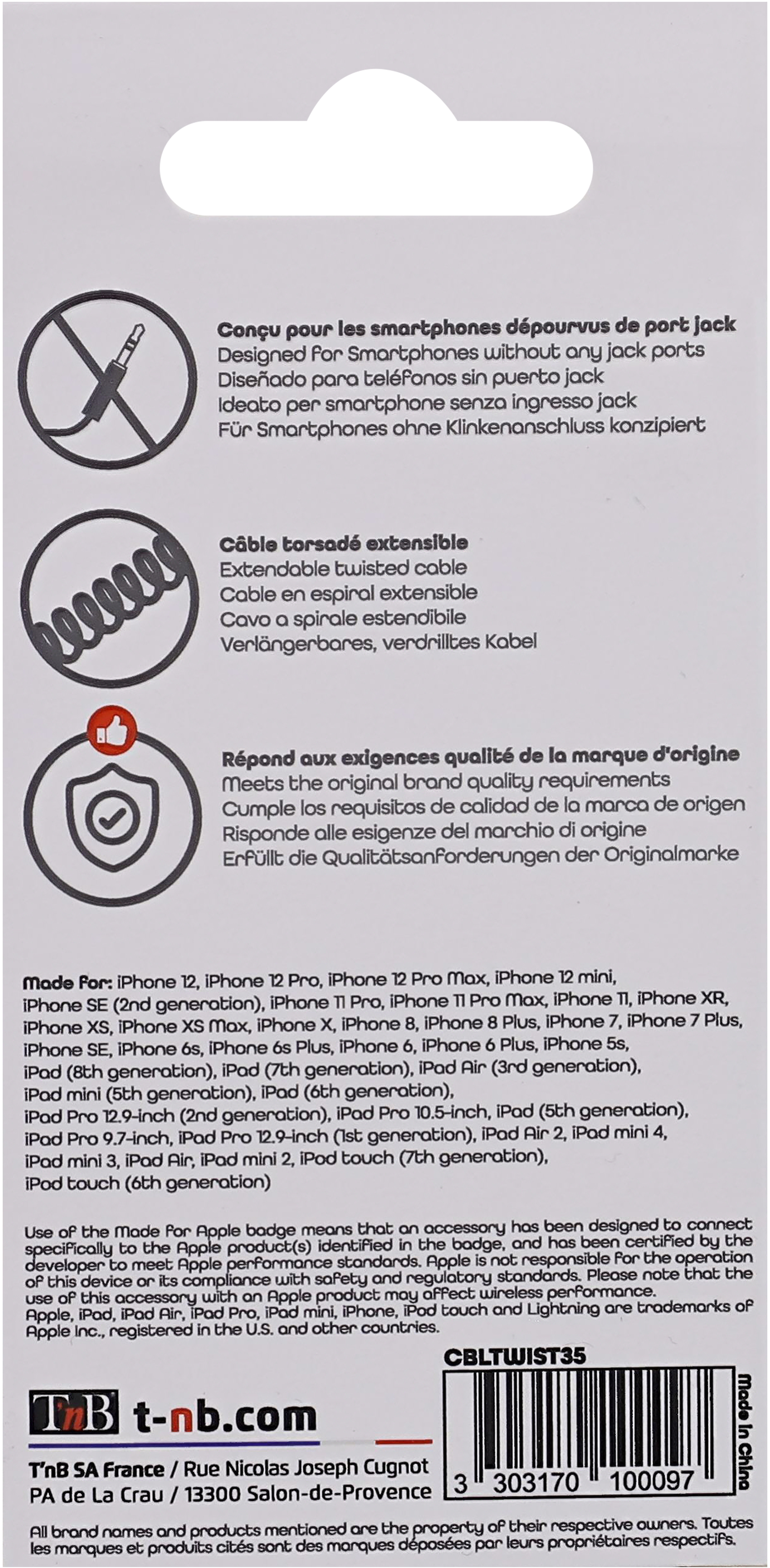 Câble extensible pour smartphones, avec détails sur l'emballage.