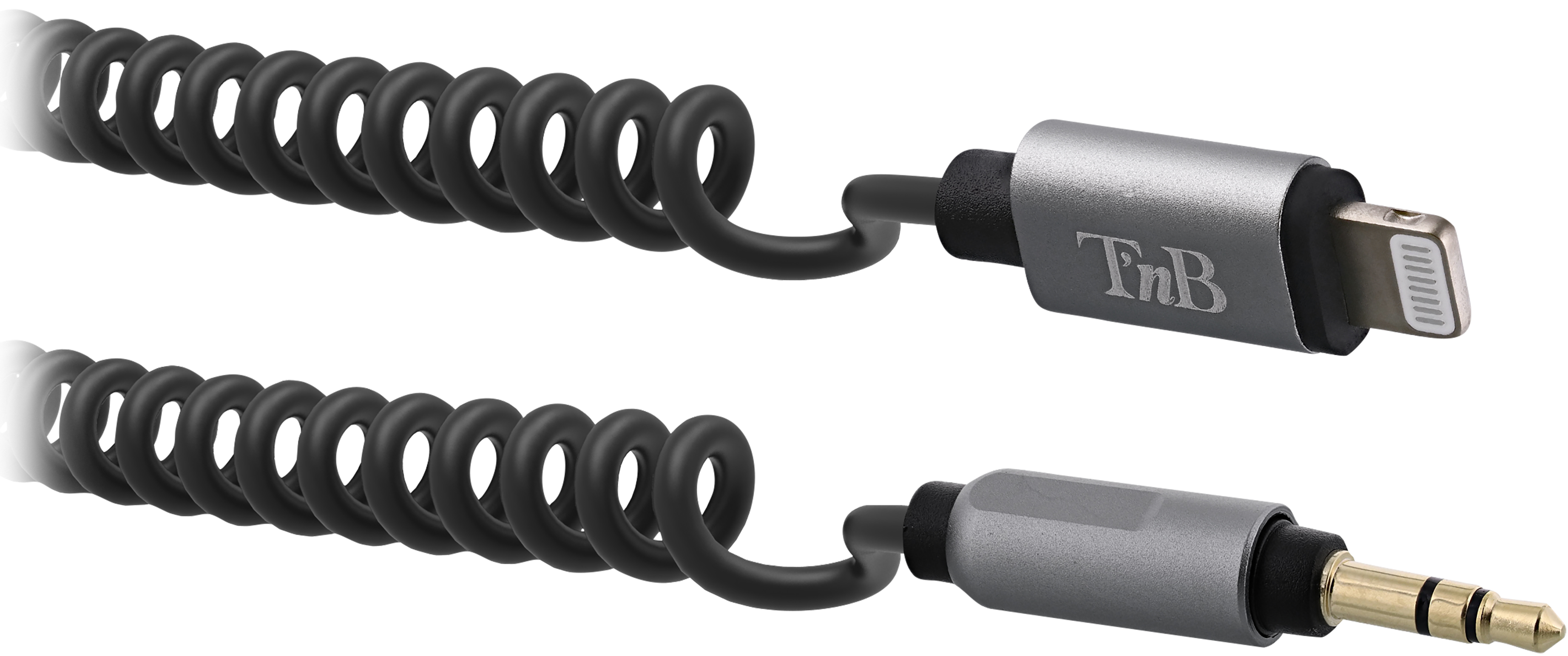 Câble audio enroulé noir avec connecteur Lightning et prise jack 3,5 mm.