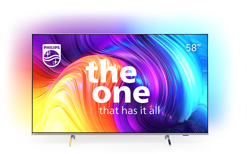 Egy Philips TV a 'the one that has it all' felirattal a képernyőn. A képernyő színes.