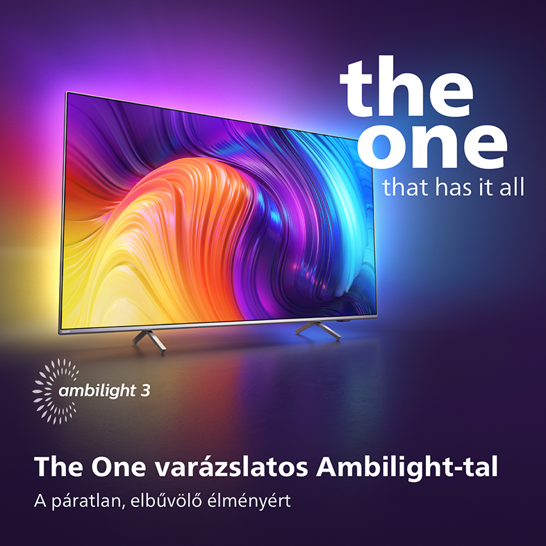 Egy TV színes kijelzővel és a 'the one that has it all' felirattal.