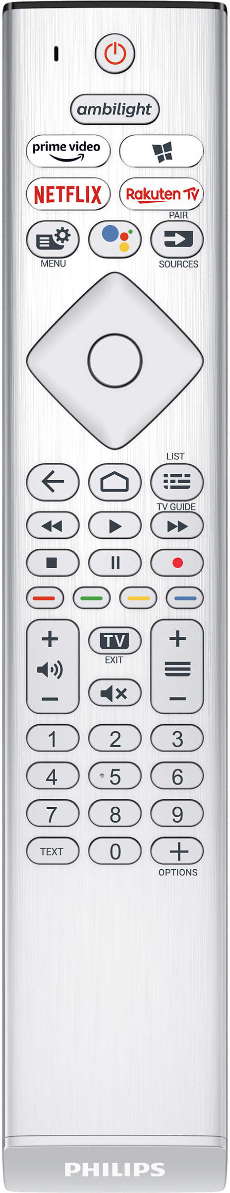 Ezüst Philips TV távirányító sok gombbal, beleértve a Netflixet és a Prime Videót.
