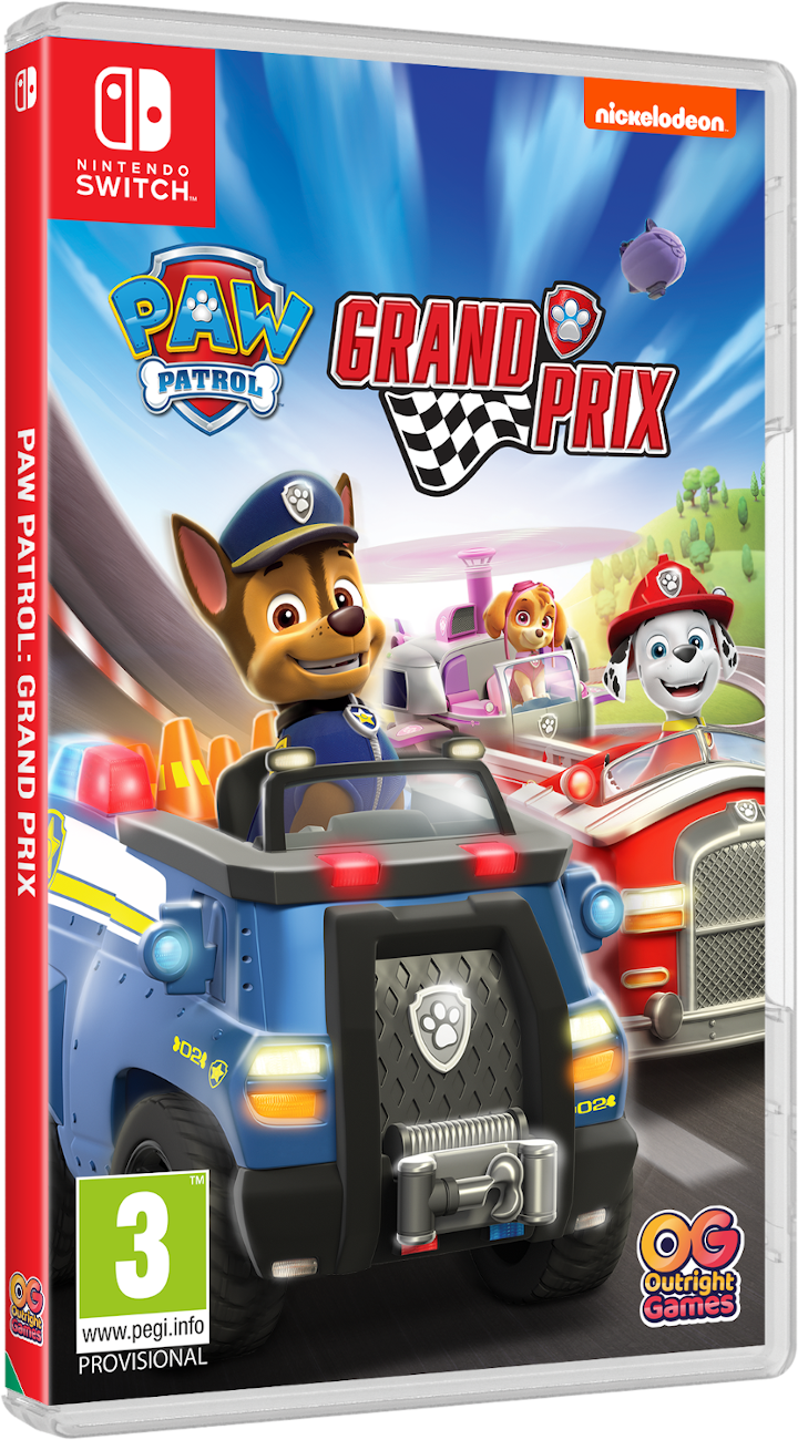 Paw Patrol Grand Prix játék doboza. Chase kék rendőrautóban, Marshall piros tűzoltóautóban és Skye rózsaszín helikopterben versenyez.